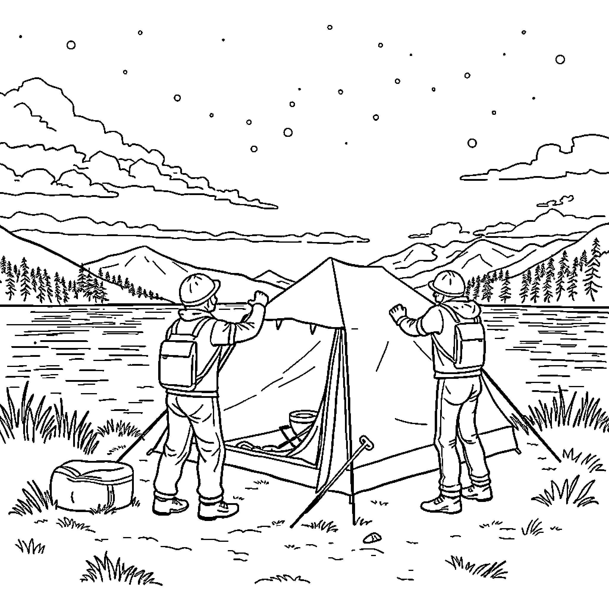 Castor's Camping Adventure in the Wilderness Coloring Page (free black-and-white line drawing printable PDF for all, from beginners to advanced learners, including children, teens, adults, and seniors)