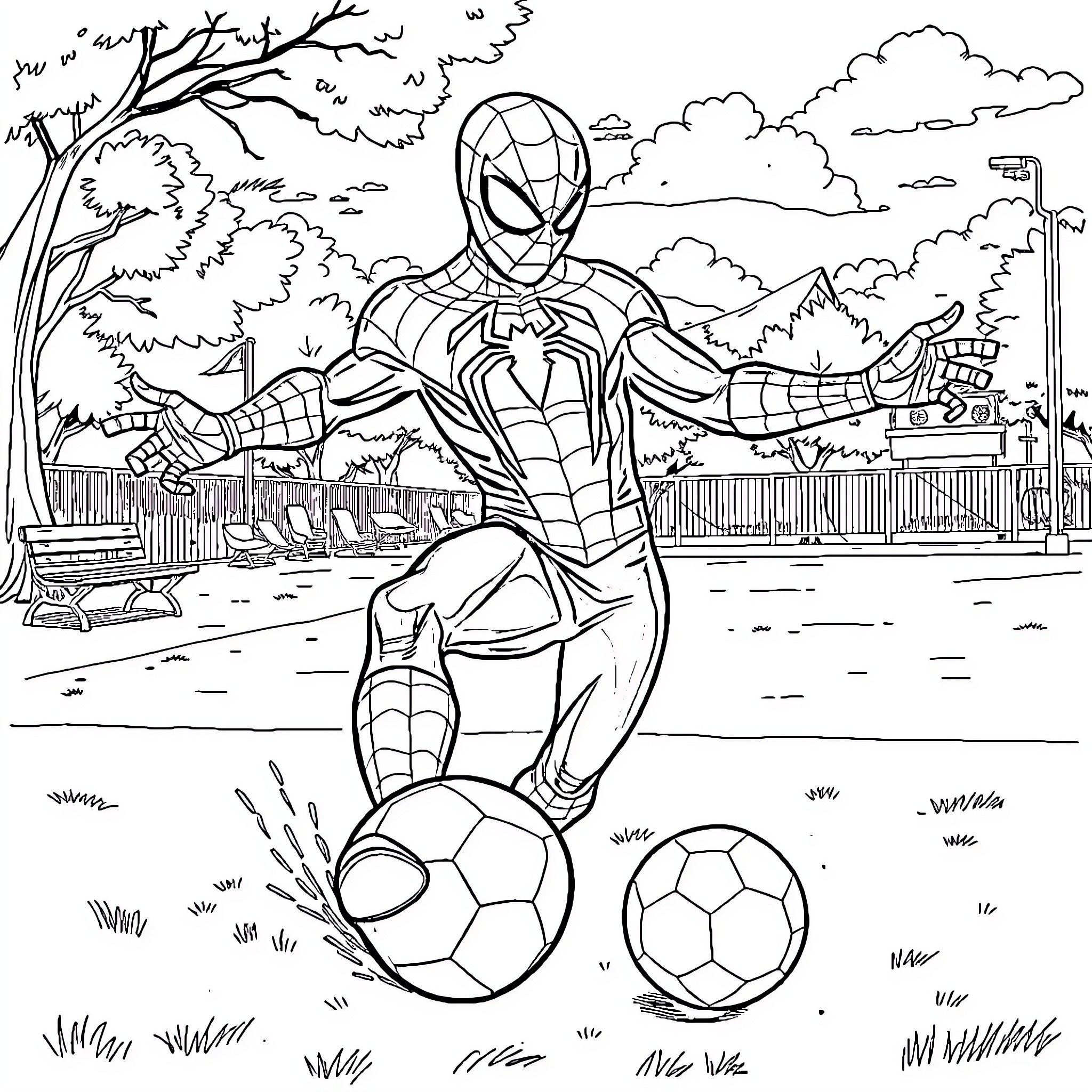 Spider-Man playing with soccer balls in the park Coloring Page (free black-and-white line drawing printable PDF for all, from beginners to advanced learners, including children, teens, adults, and seniors)