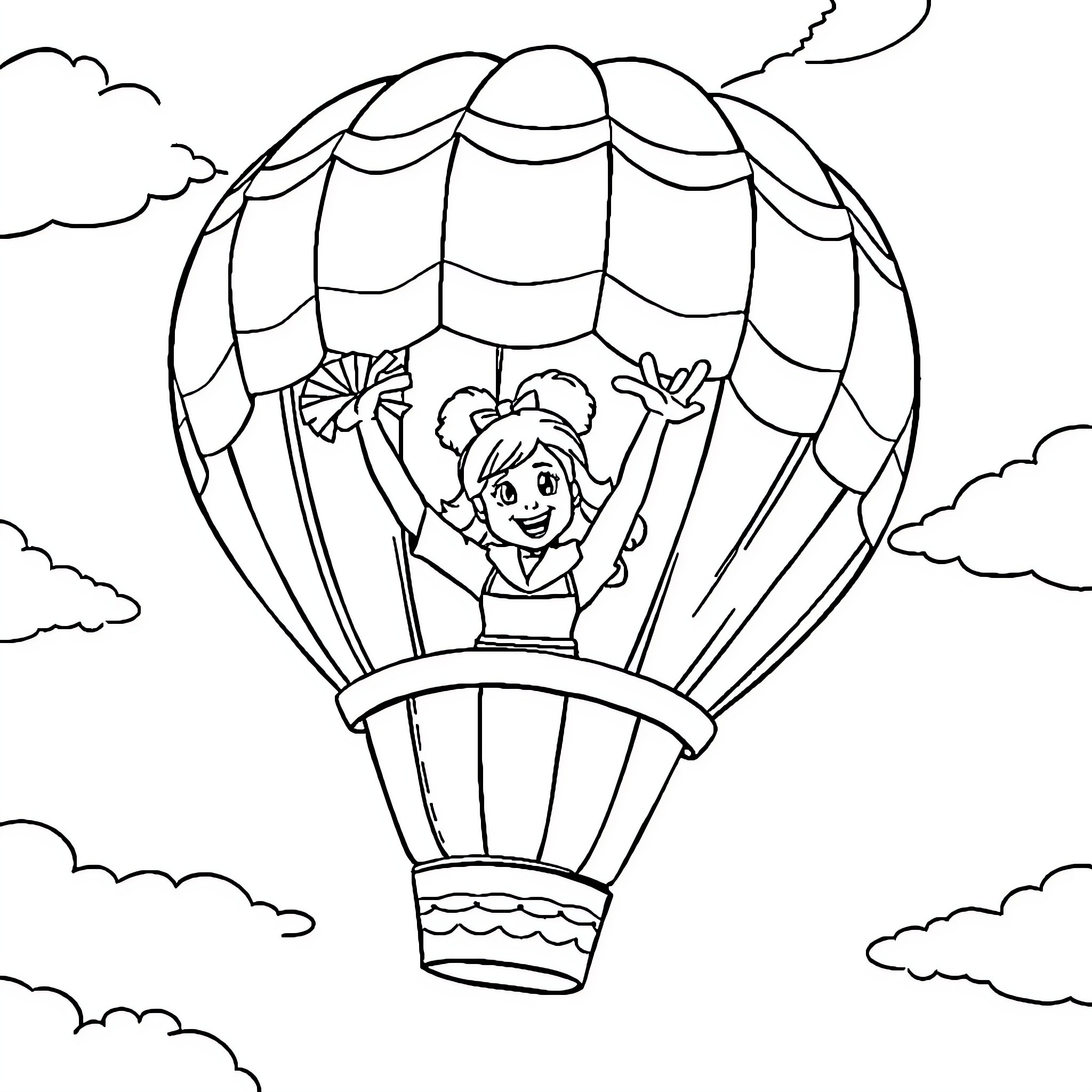 Cheerleader Riding in a Hot Air Balloon Coloring Page (free black-and-white line drawing printable PDF for all, from beginners to advanced learners, including children, teens, adults, and seniors)