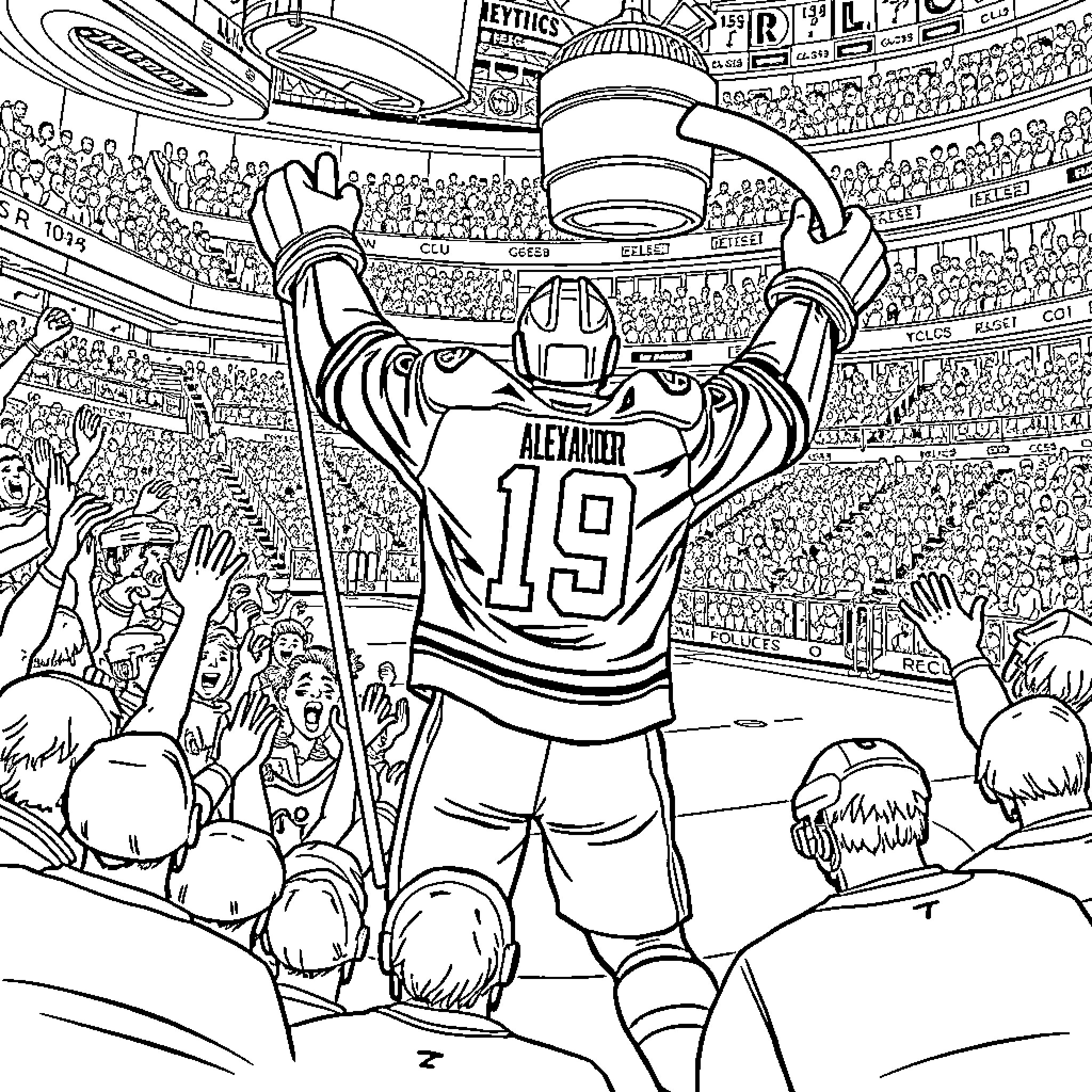 Hockey Player Celebrating Victory in the Stadium Coloring Page (free black-and-white line drawing printable PDF for all, from beginners to advanced learners, including children, teens, adults, and seniors)