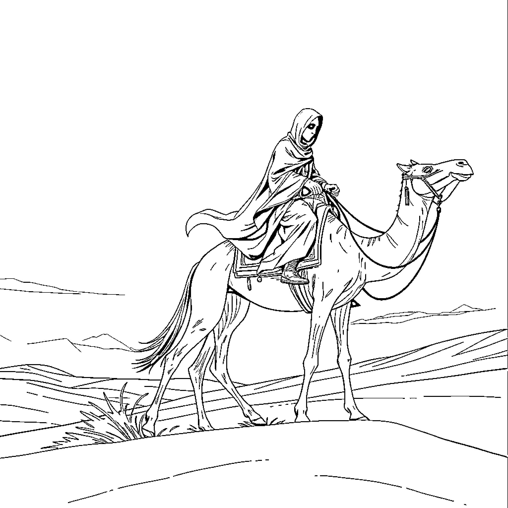 Horseman traversing the desert landscape Coloring Page (free black-and-white line drawing printable PDF for all, from beginners to advanced learners, including children, teens, adults, and seniors)
