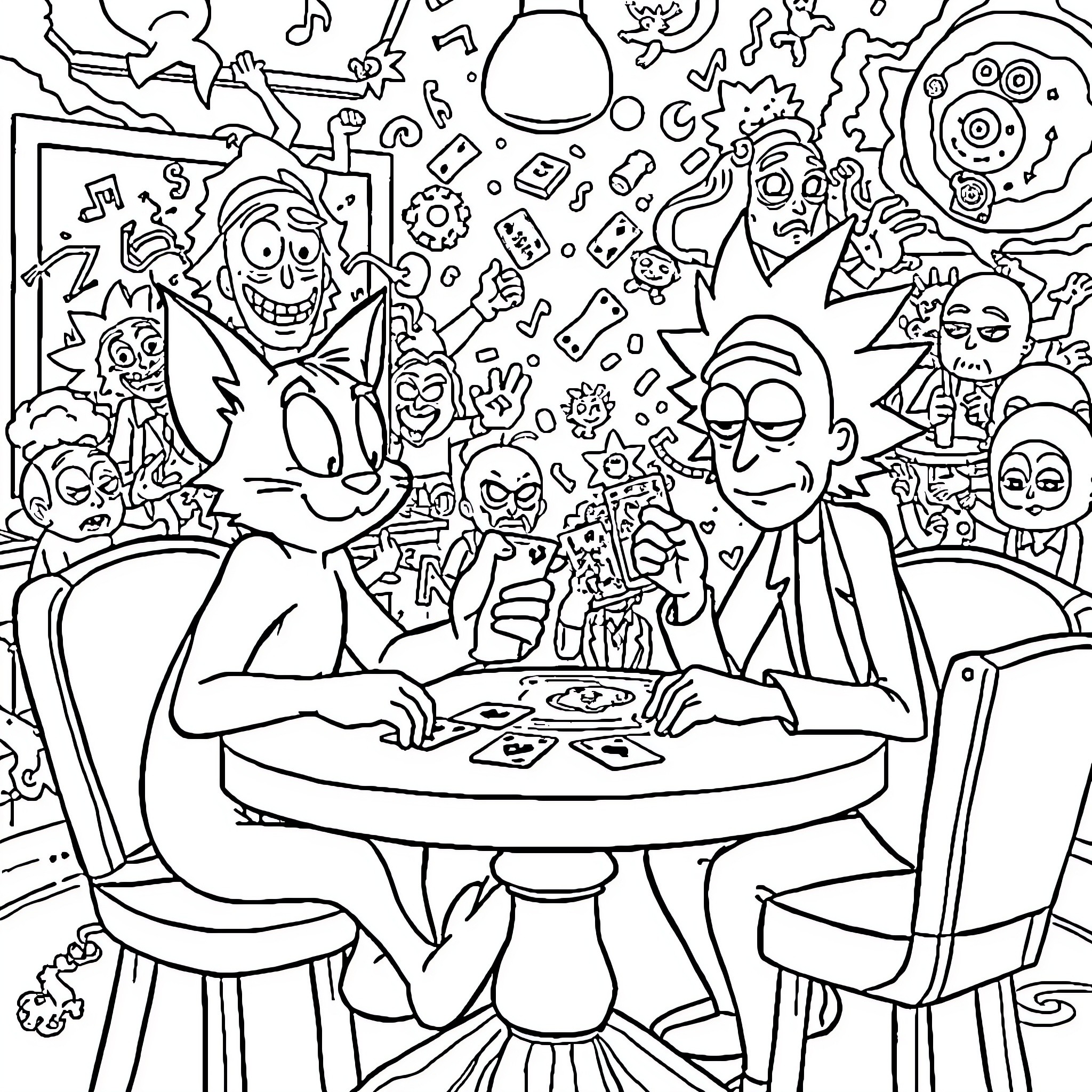 Tom and Jerry's Crazy Game Night Coloring Page (free black-and-white line drawing printable PDF for all, from beginners to advanced learners, including children, teens, adults, and seniors)