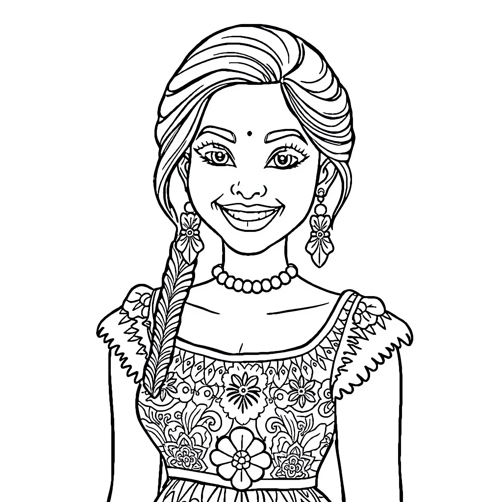 Shanika's Festive Attire and Radiant Expression Coloring Page (free black-and-white line drawing printable PDF for all, from beginners to advanced learners, including children, teens, adults, and seniors)