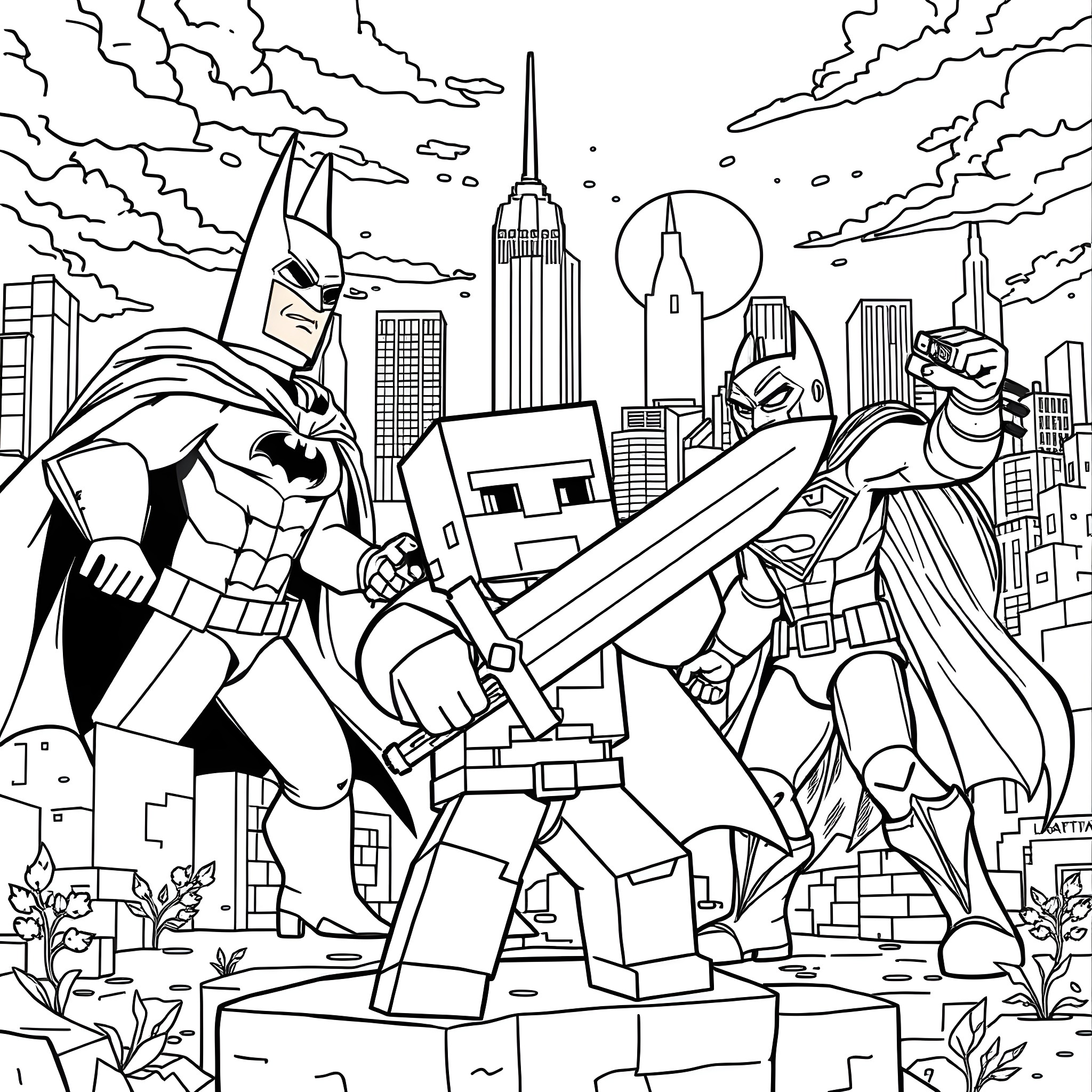 Steve's Heroic City Showdown Coloring Page (free black-and-white line drawing printable PDF for all, from beginners to advanced learners, including children, teens, adults, and seniors)