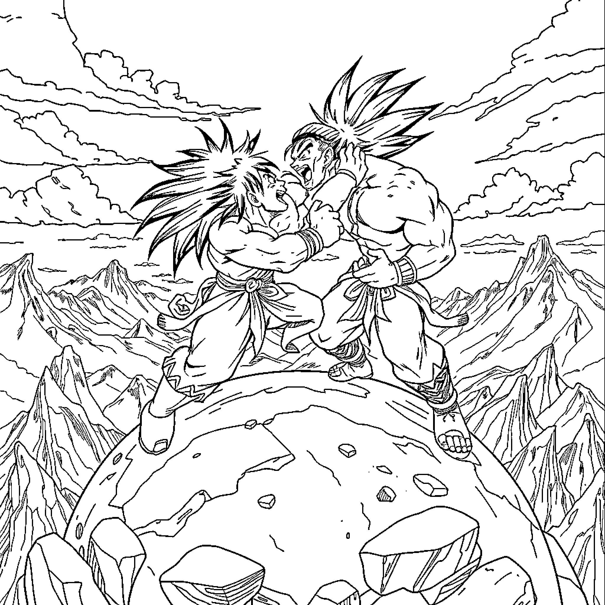 Sangoku engaged in an intense battle atop a mountain Coloring Page (free black-and-white line drawing printable PDF for all, from beginners to advanced learners, including children, teens, adults, and seniors)