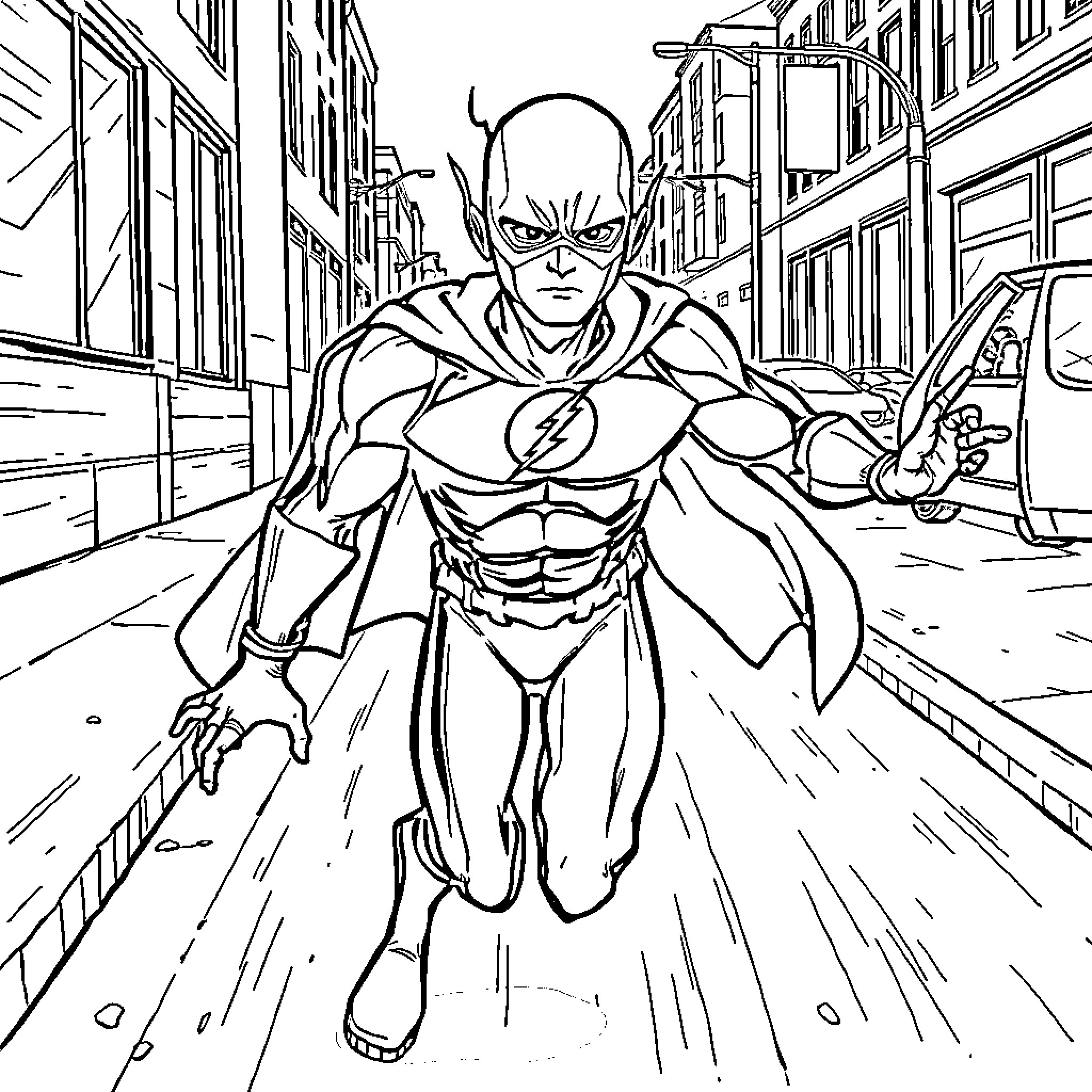 Flash Racing Through the Bustling City Coloring Page (free black-and-white line drawing printable PDF for all, from beginners to advanced learners, including children, teens, adults, and seniors)