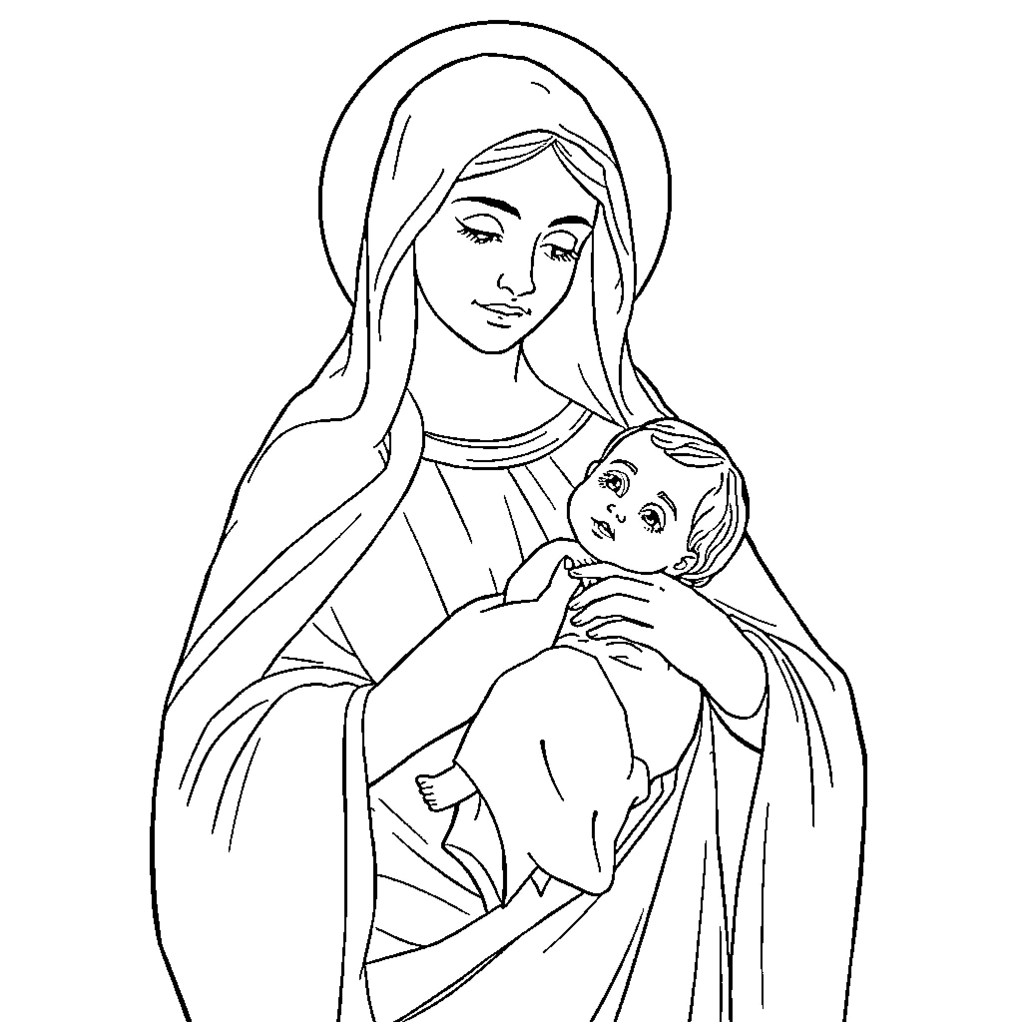Virgen de Santa Ana holding the infant Jesus Coloring Page (free black-and-white line drawing printable PDF for all, from beginners to advanced learners, including children, teens, adults, and seniors)