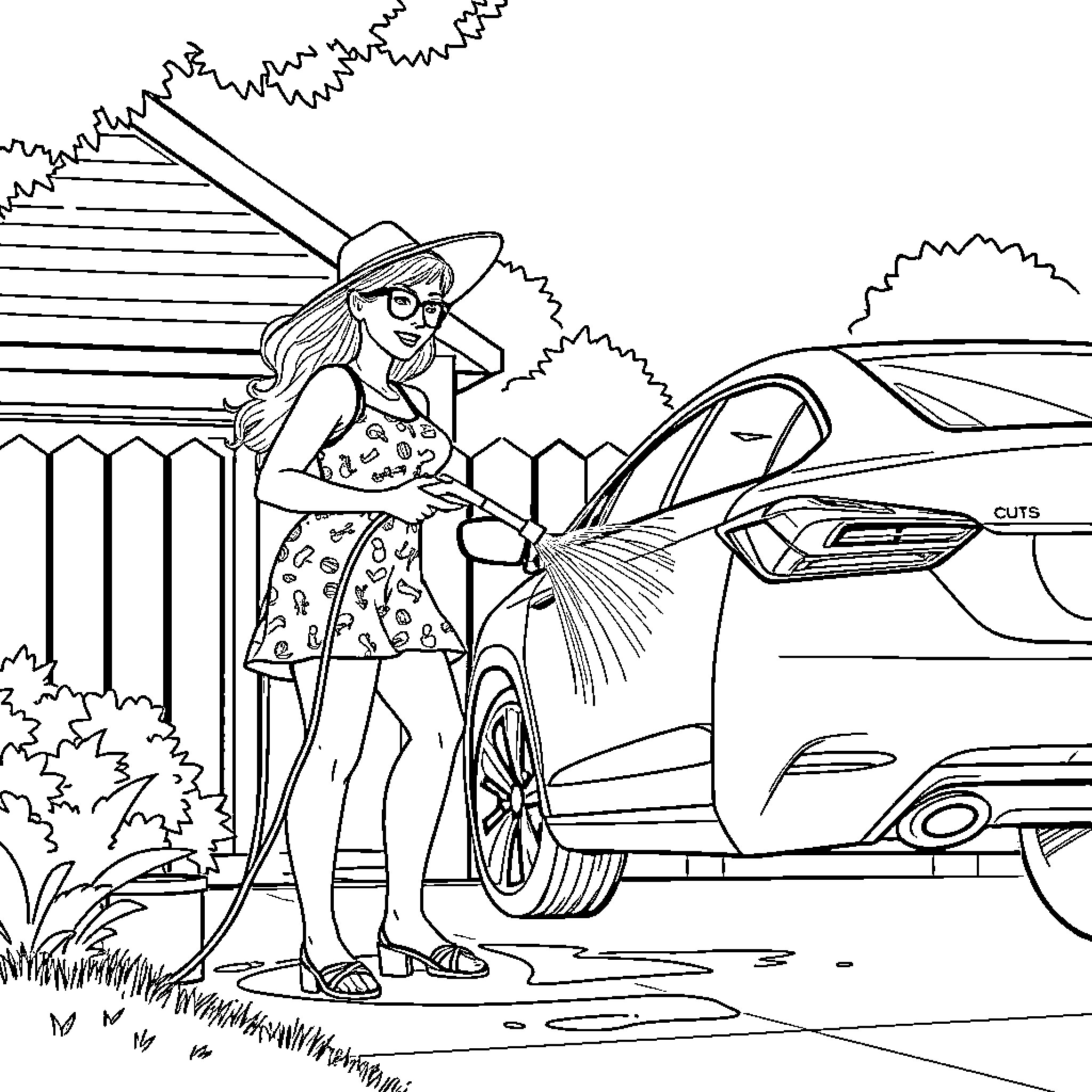 Stifler's Mum washing a luxury car in the garden Coloring Page (free black-and-white line drawing printable PDF for all, from beginners to advanced learners, including children, teens, adults, and seniors)