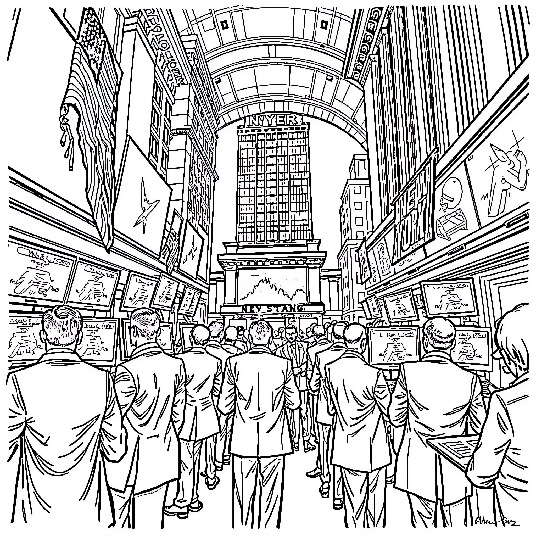 Stock Exchange Crowd Bustling in Financial Center Coloring Page (free black-and-white line drawing printable PDF for all, from beginners to advanced learners, including children, teens, adults, and seniors)
