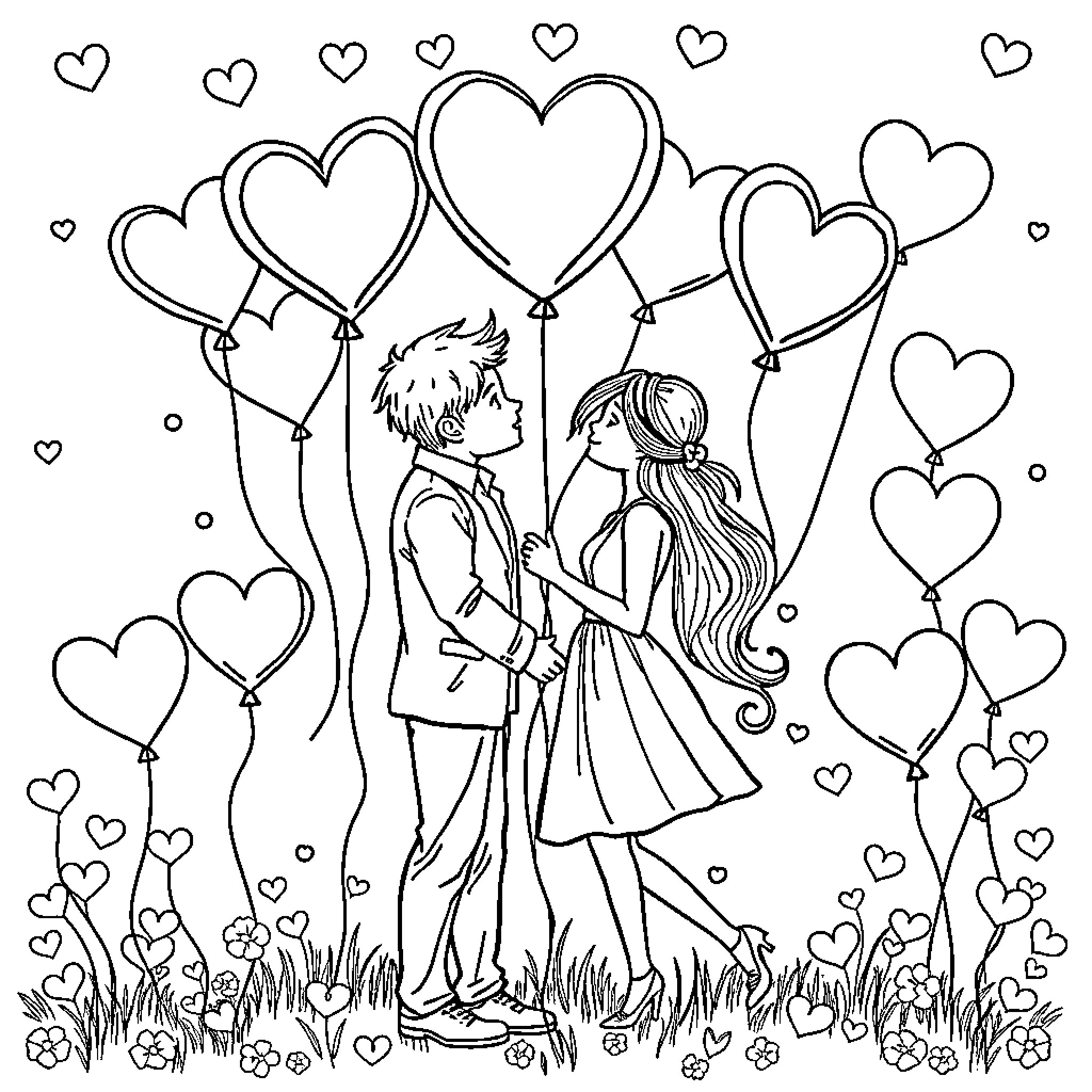 Valentine's Couple Embracing Amidst Heart-Shaped Balloons Coloring Page (free black-and-white line drawing printable PDF for all, from beginners to advanced learners, including children, teens, adults, and seniors)