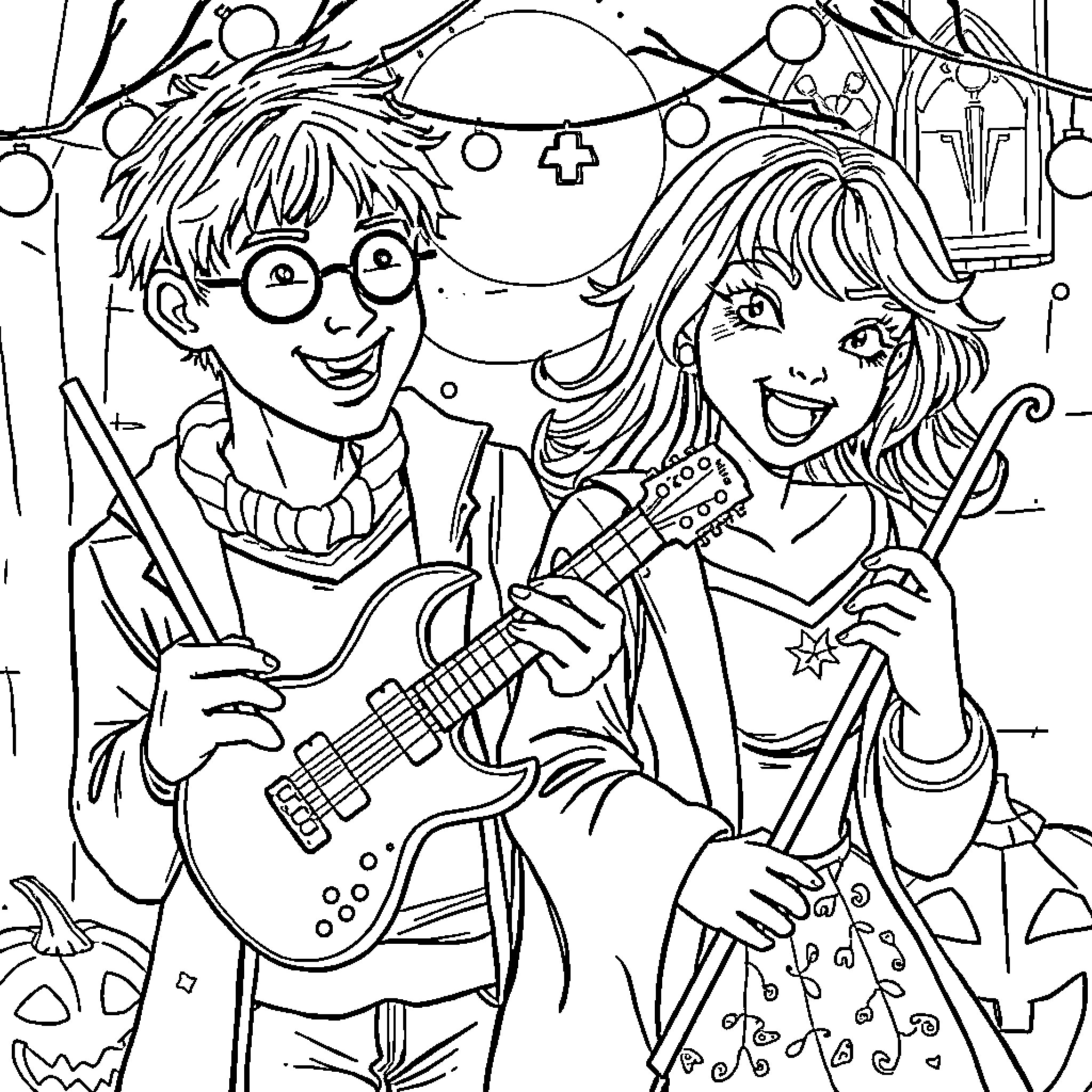 Harry and Hermione's Halloween Adventure Coloring Page (free black-and-white line drawing printable PDF for all, from beginners to advanced learners, including children, teens, adults, and seniors)