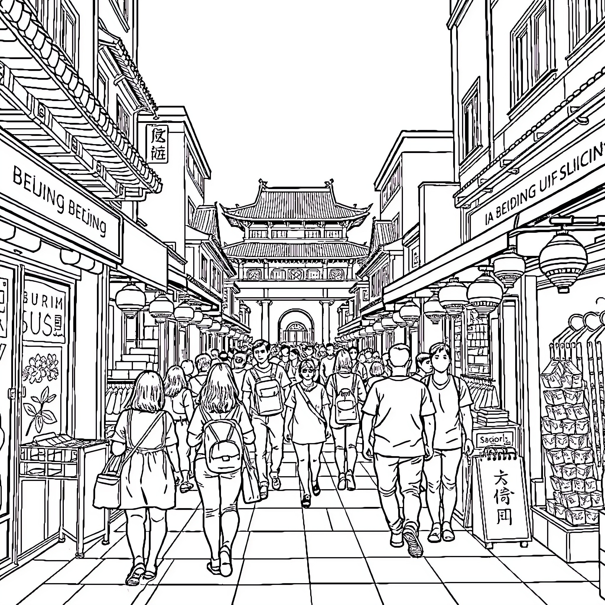 Men walking through a bustling Chinese marketplace Coloring Page (free black-and-white line drawing printable PDF for all, from beginners to advanced learners, including children, teens, adults, and seniors)