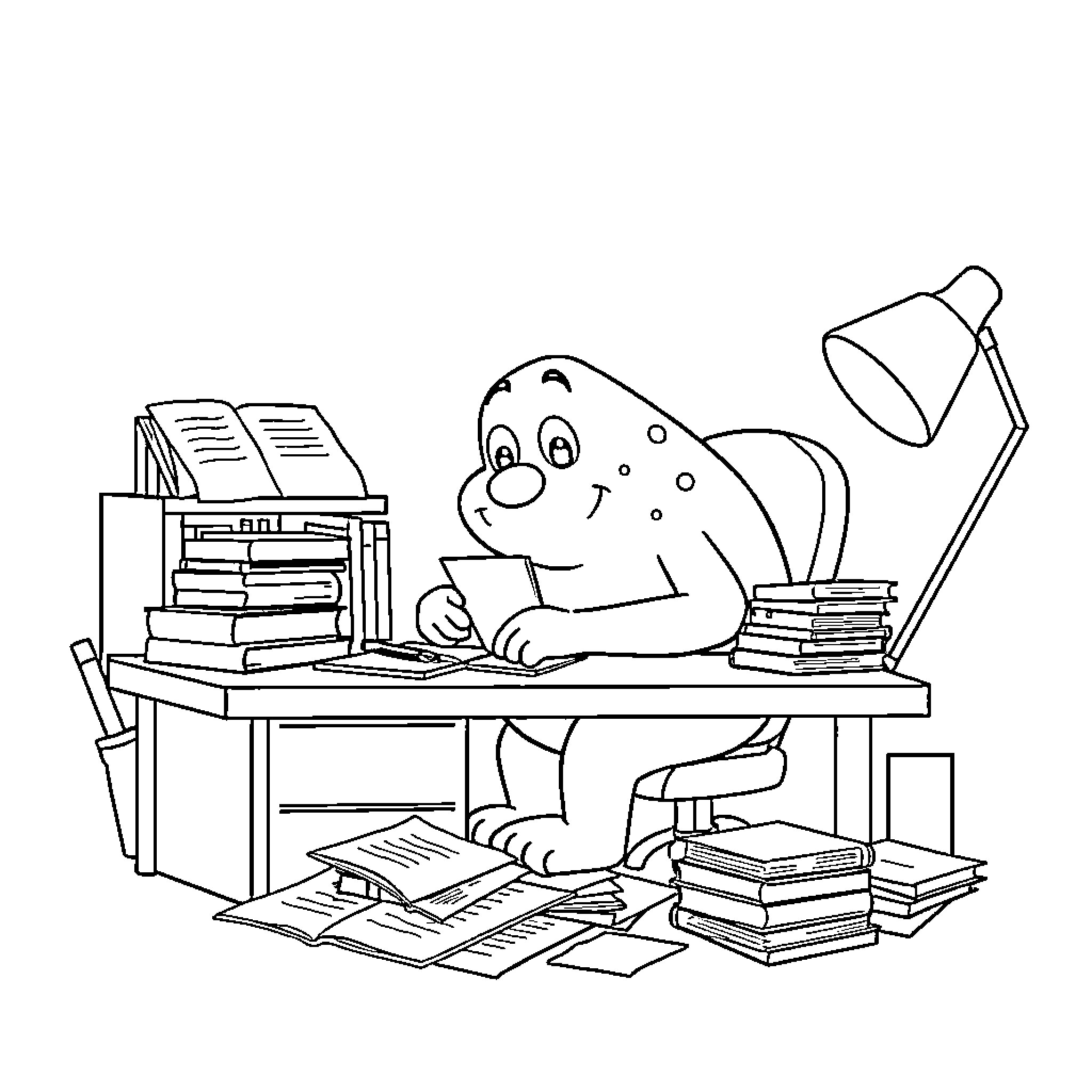 Bumpy creature working diligently at cluttered desk Coloring Page (free black-and-white line drawing printable PDF for all, from beginners to advanced learners, including children, teens, adults, and seniors)