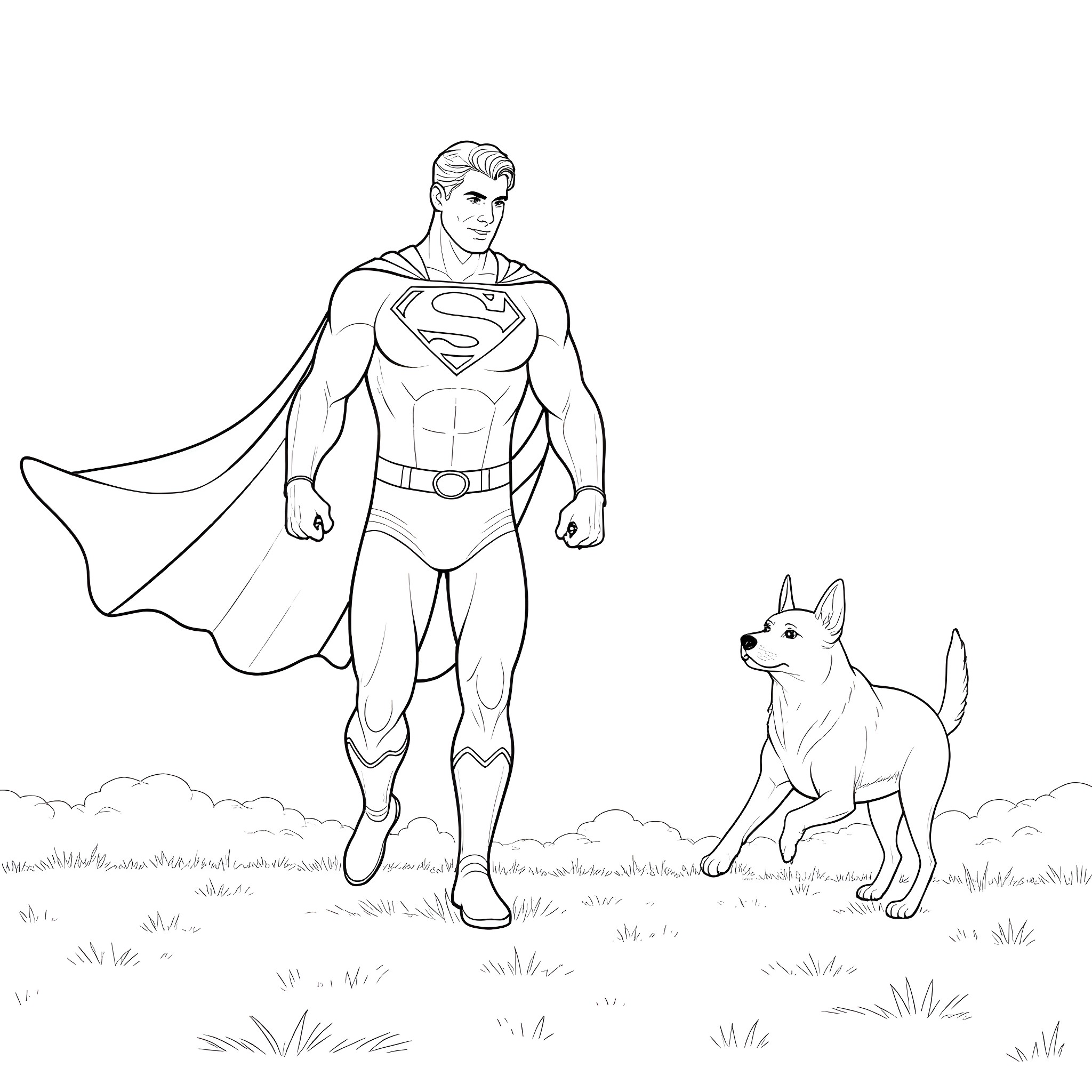 Superman standing heroically with loyal canine companion Coloring Page (free black-and-white line drawing printable PDF for all, from beginners to advanced learners, including children, teens, adults, and seniors)