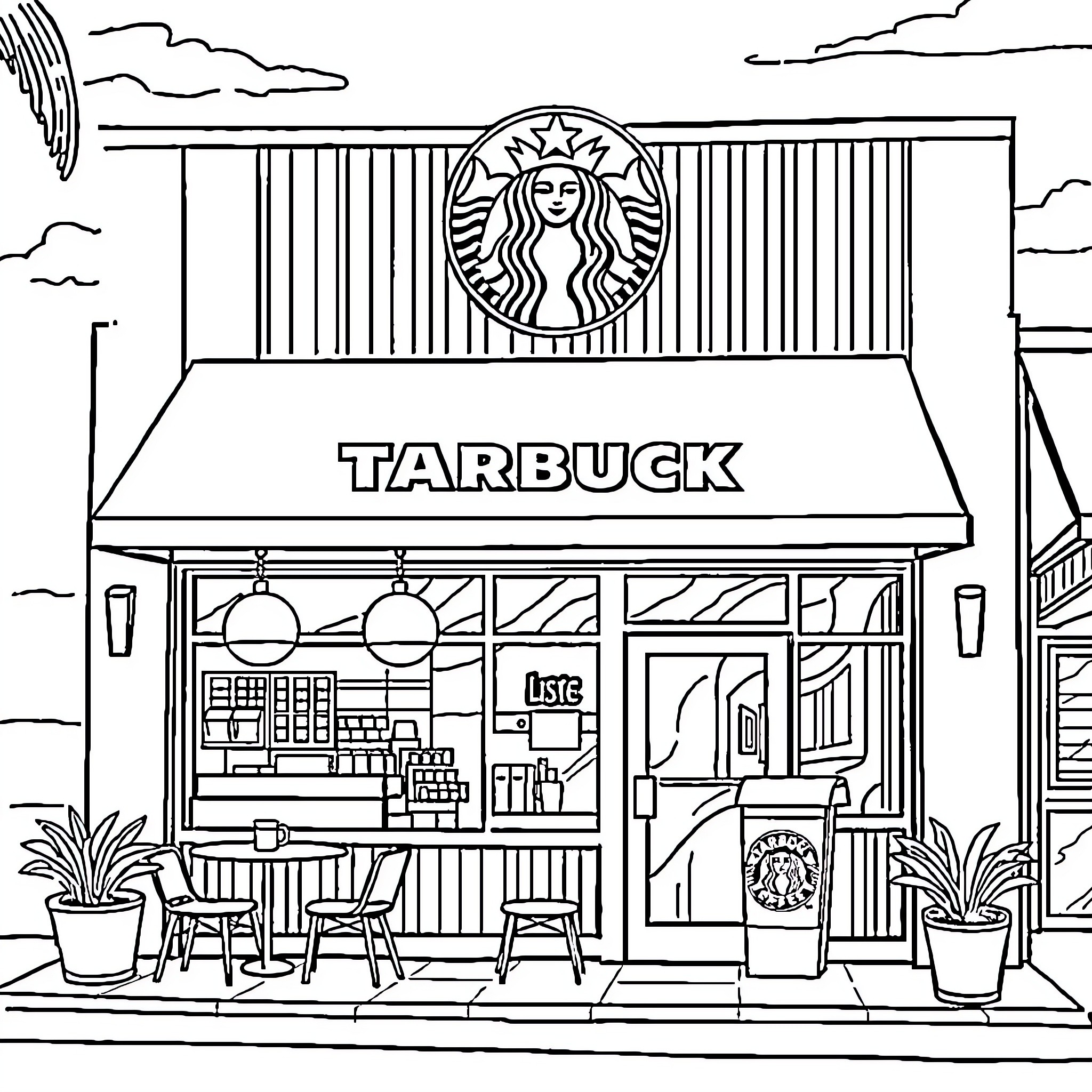 Starbucks coffee shop exterior with storefront signage Coloring Page (free black-and-white line drawing printable PDF for all, from beginners to advanced learners, including children, teens, adults, and seniors)