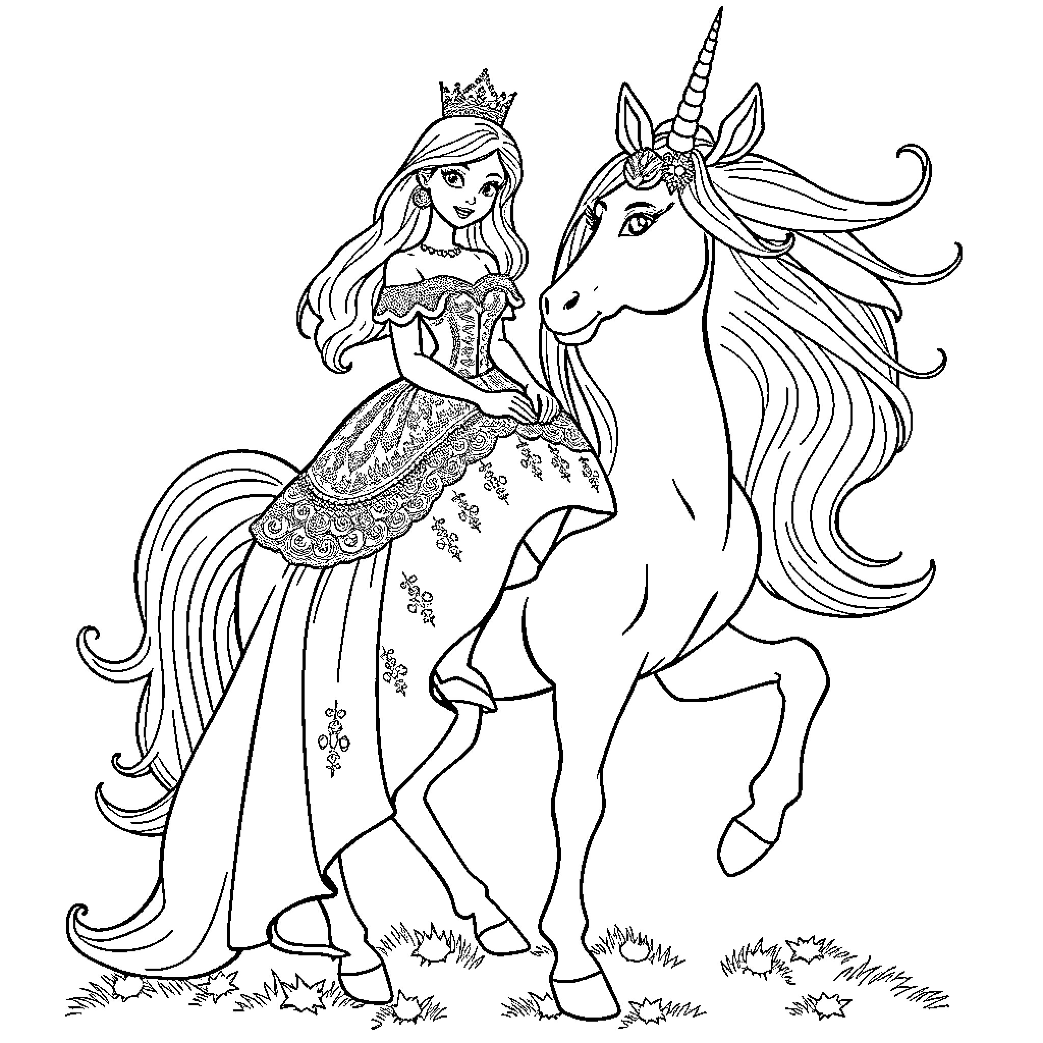 Princess riding a magical unicorn Coloring Page (free black-and-white line drawing printable PDF for all, from beginners to advanced learners, including children, teens, adults, and seniors)