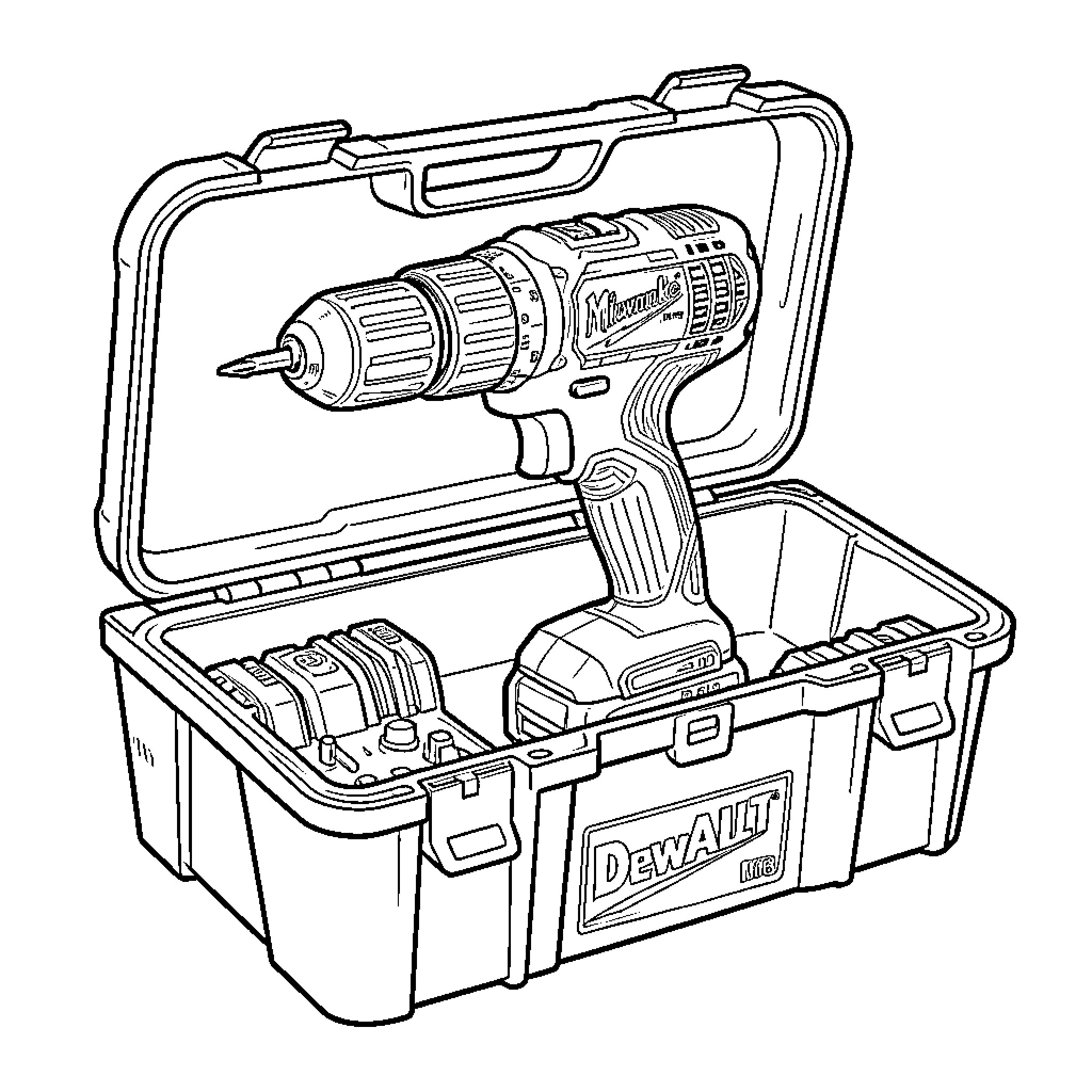 Visseuse placed inside an open tool storage case Coloring Page (free black-and-white line drawing printable PDF for all, from beginners to advanced learners, including children, teens, adults, and seniors)