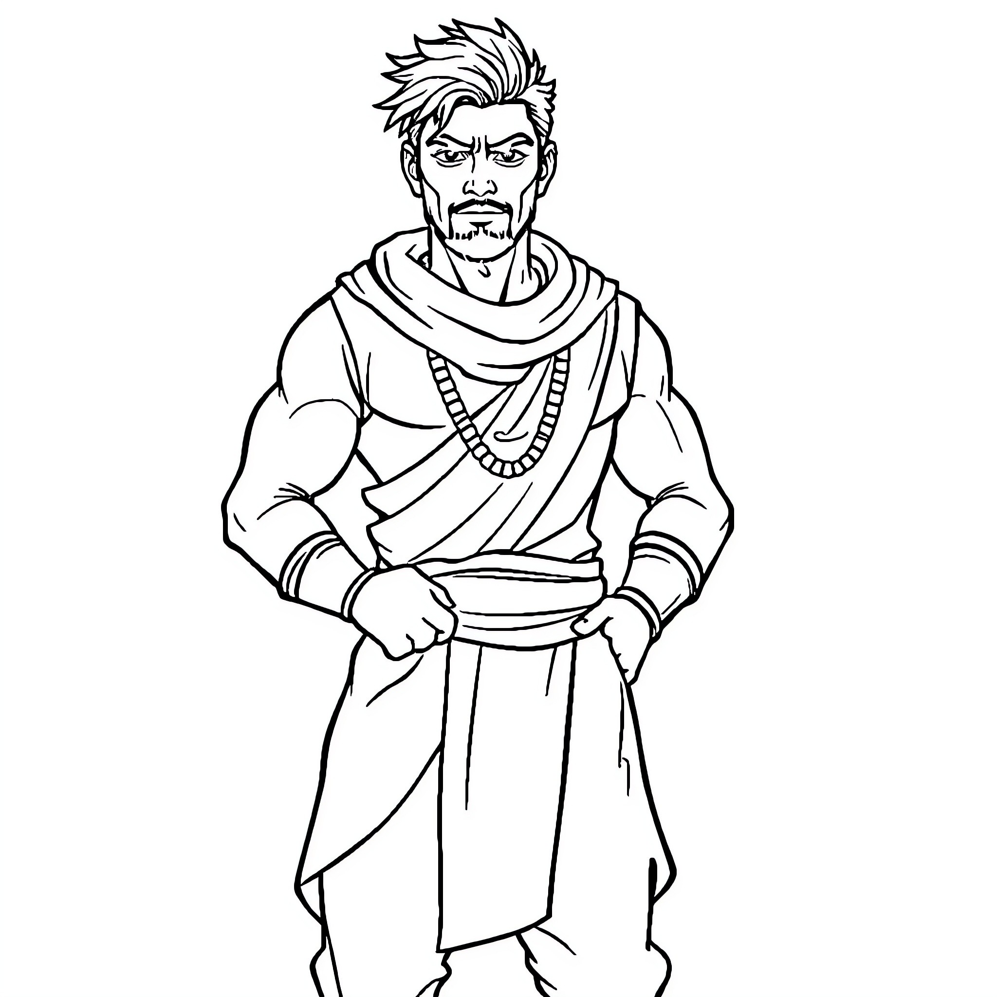 Rajveer, the determined warrior in traditional attire Coloring Page (free black-and-white line drawing printable PDF for all, from beginners to advanced learners, including children, teens, adults, and seniors)