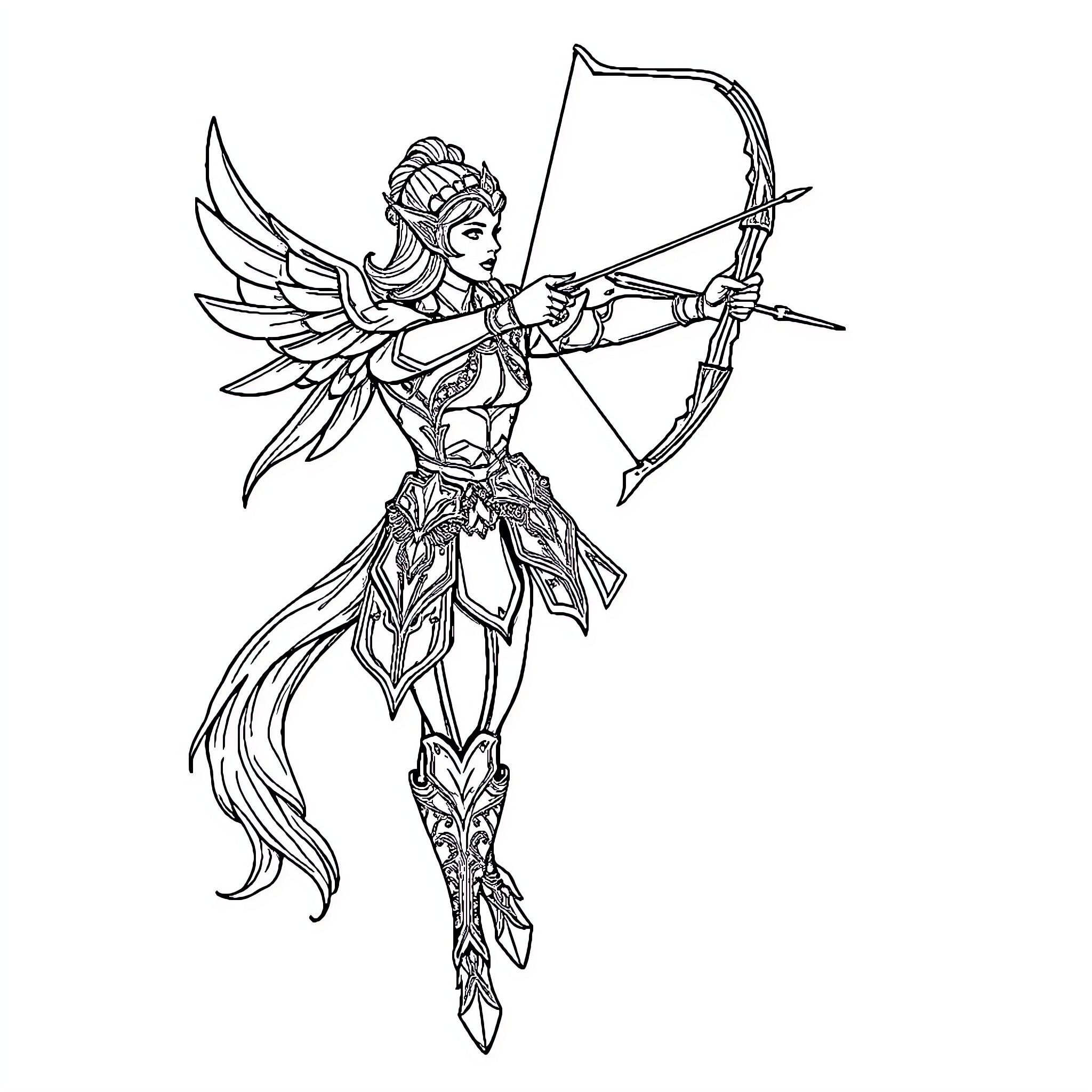 Sagittarius Warrior Archer with Bow and Wings Coloring Page (free black-and-white line drawing printable PDF for all, from beginners to advanced learners, including children, teens, adults, and seniors)