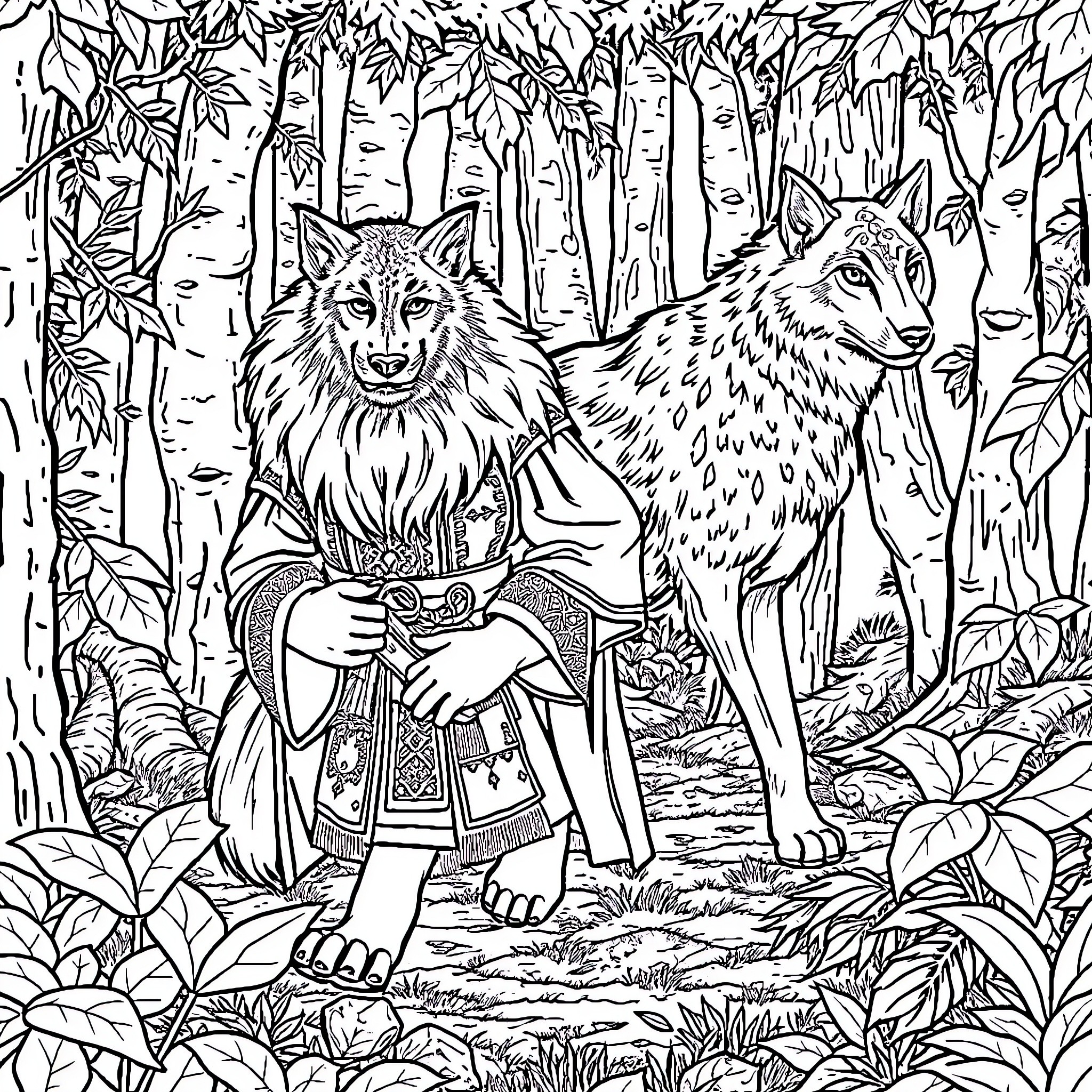 Roi's Encounter with the Mighty Forest Wolves Coloring Page (free black-and-white line drawing printable PDF for all, from beginners to advanced learners, including children, teens, adults, and seniors)