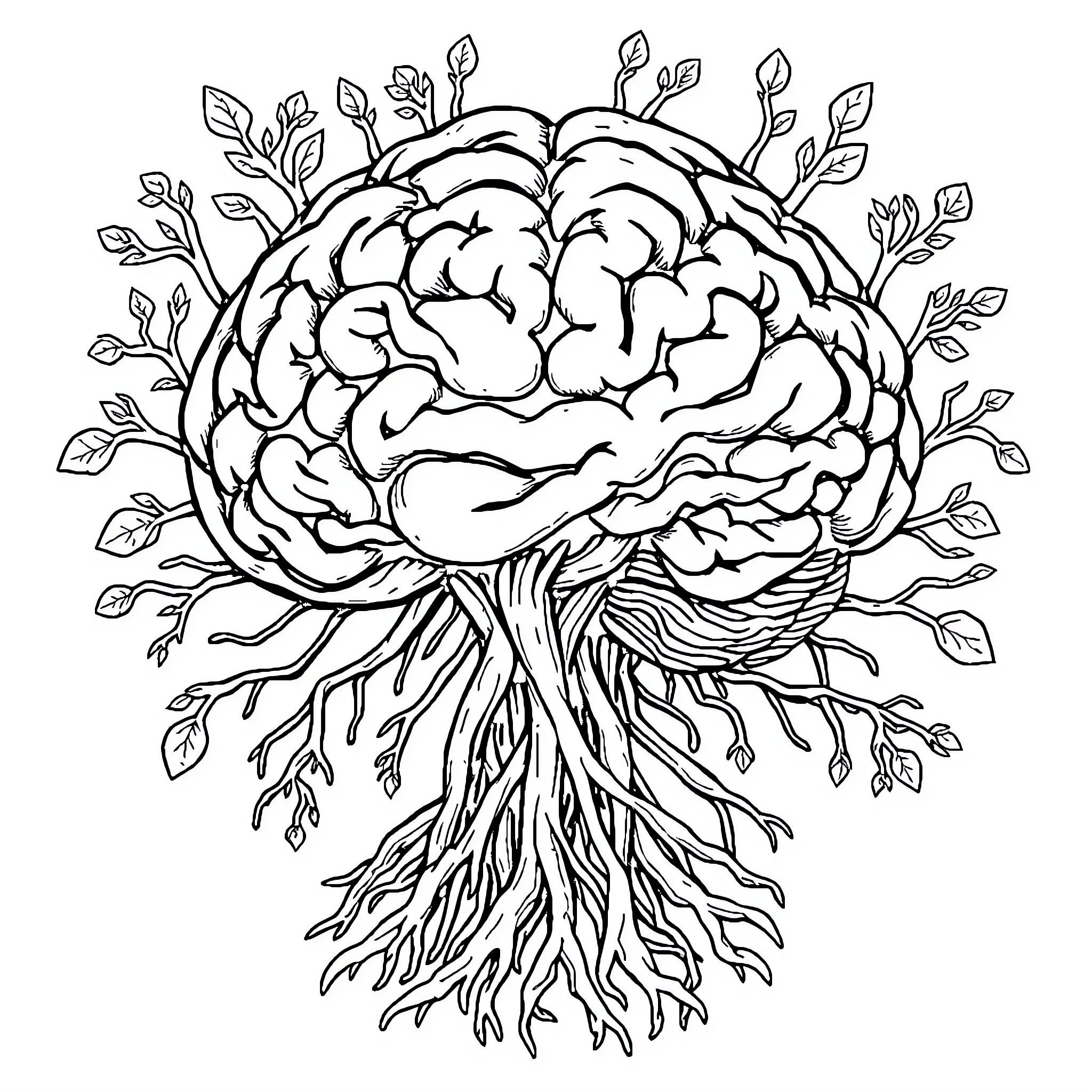 Brainroot - Intricate Cerebral Growth Coloring Page (free black-and-white line drawing printable PDF for all, from beginners to advanced learners, including children, teens, adults, and seniors)