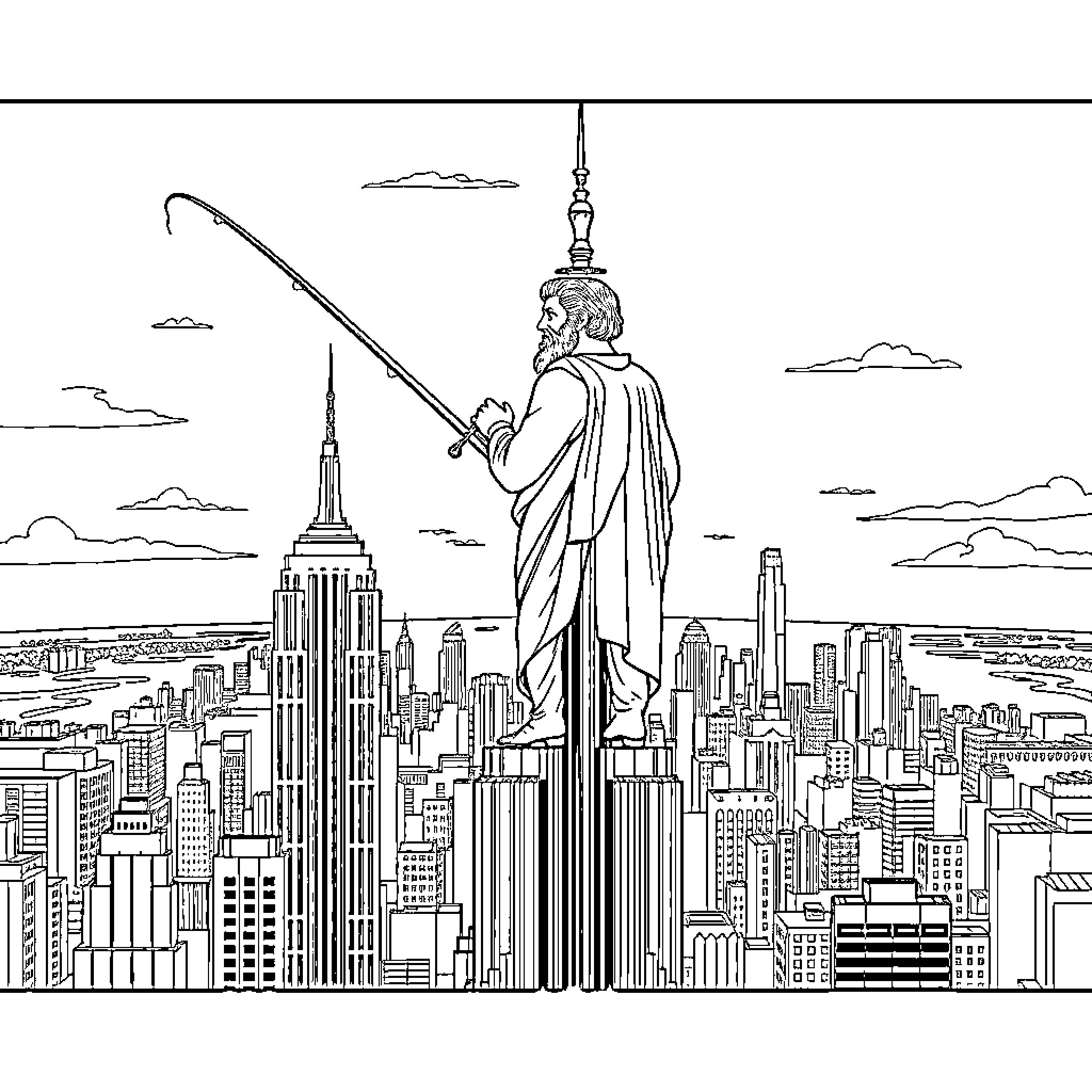 Aristotle surveys the modern metropolis Coloring Page (free black-and-white line drawing printable PDF for all, from beginners to advanced learners, including children, teens, adults, and seniors)