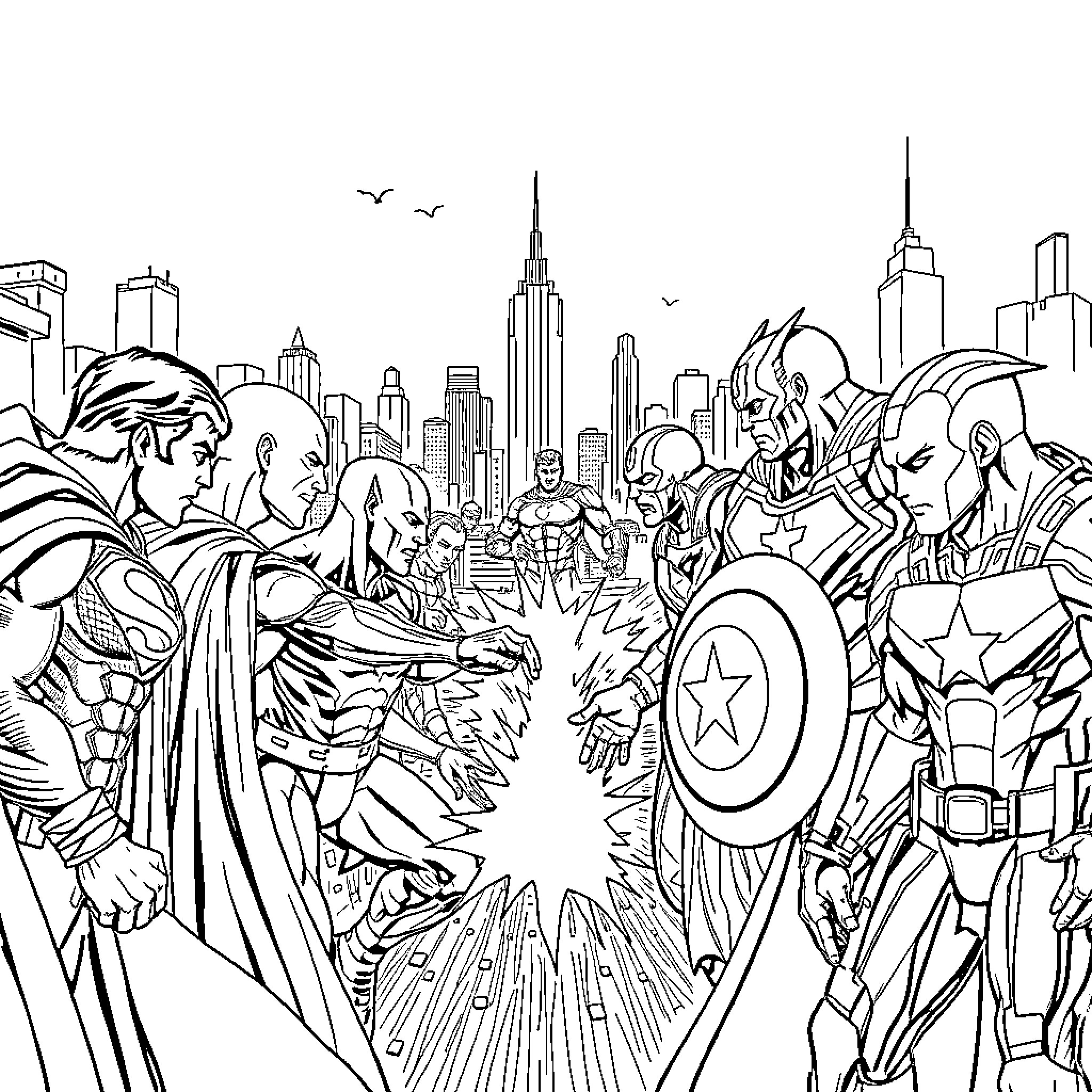 Justice League Heroic Team Assembling for Action Coloring Page (free black-and-white line drawing printable PDF for all, from beginners to advanced learners, including children, teens, adults, and seniors)