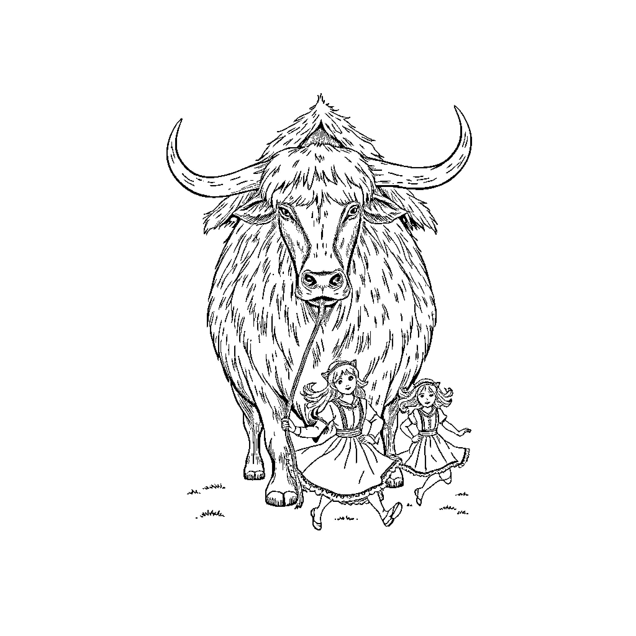 Toro the Hairy Cow with Dancing Children Coloring Page (free black-and-white line drawing printable PDF for all, from beginners to advanced learners, including children, teens, adults, and seniors)
