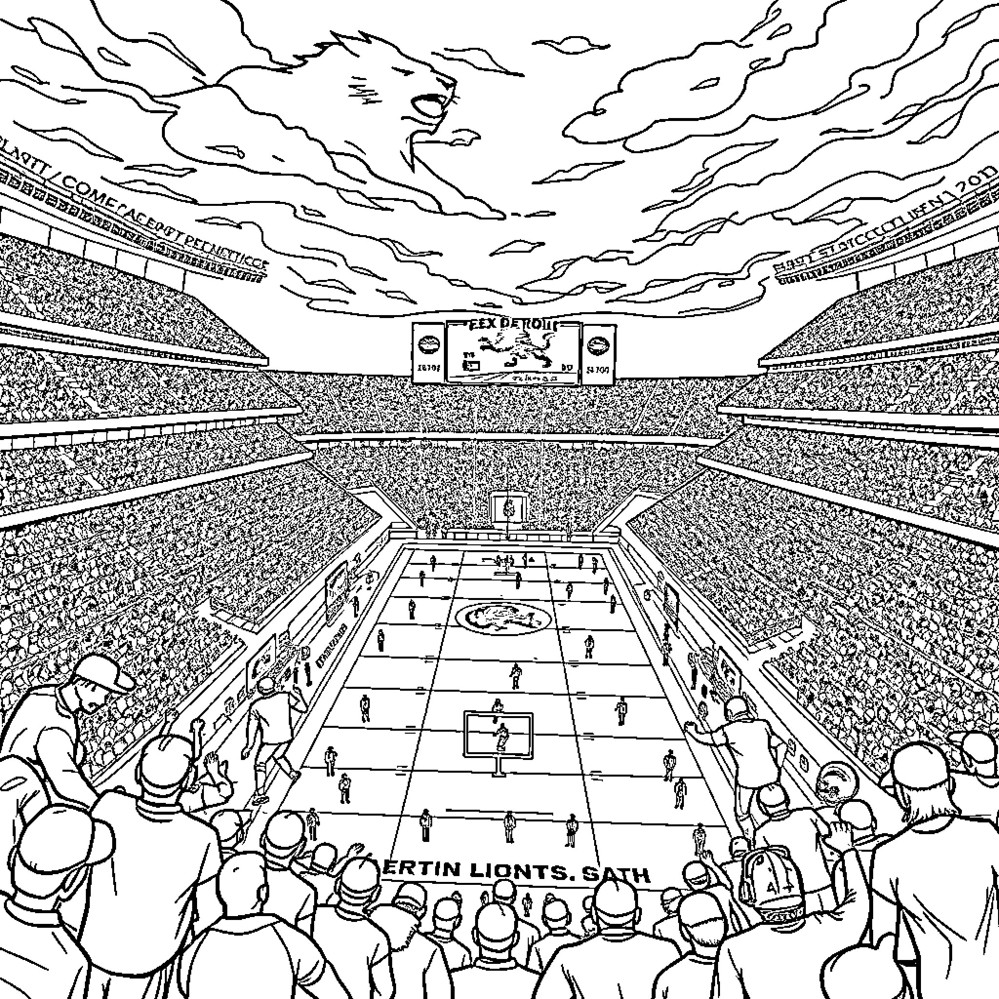 Lion Roaring Over Crowded Sports Stadium Coloring Page (free black-and-white line drawing printable PDF for all, from beginners to advanced learners, including children, teens, adults, and seniors)