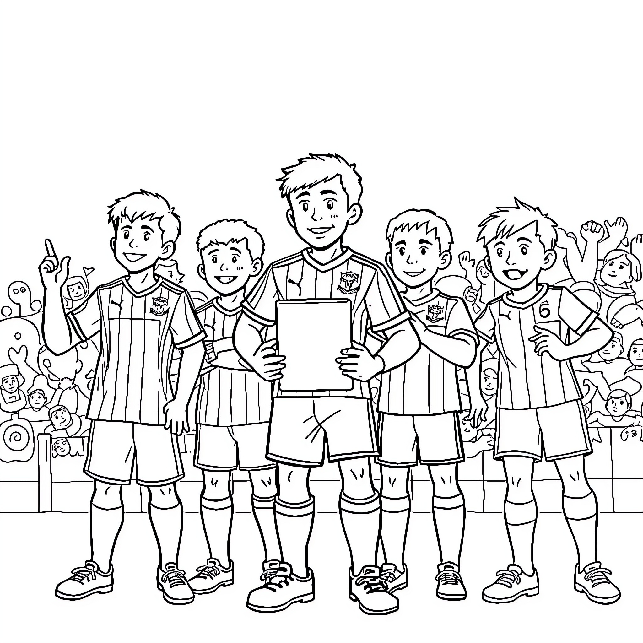 Sunderland Football Team Celebrating Victory Coloring Page (free black-and-white line drawing printable PDF for all, from beginners to advanced learners, including children, teens, adults, and seniors)