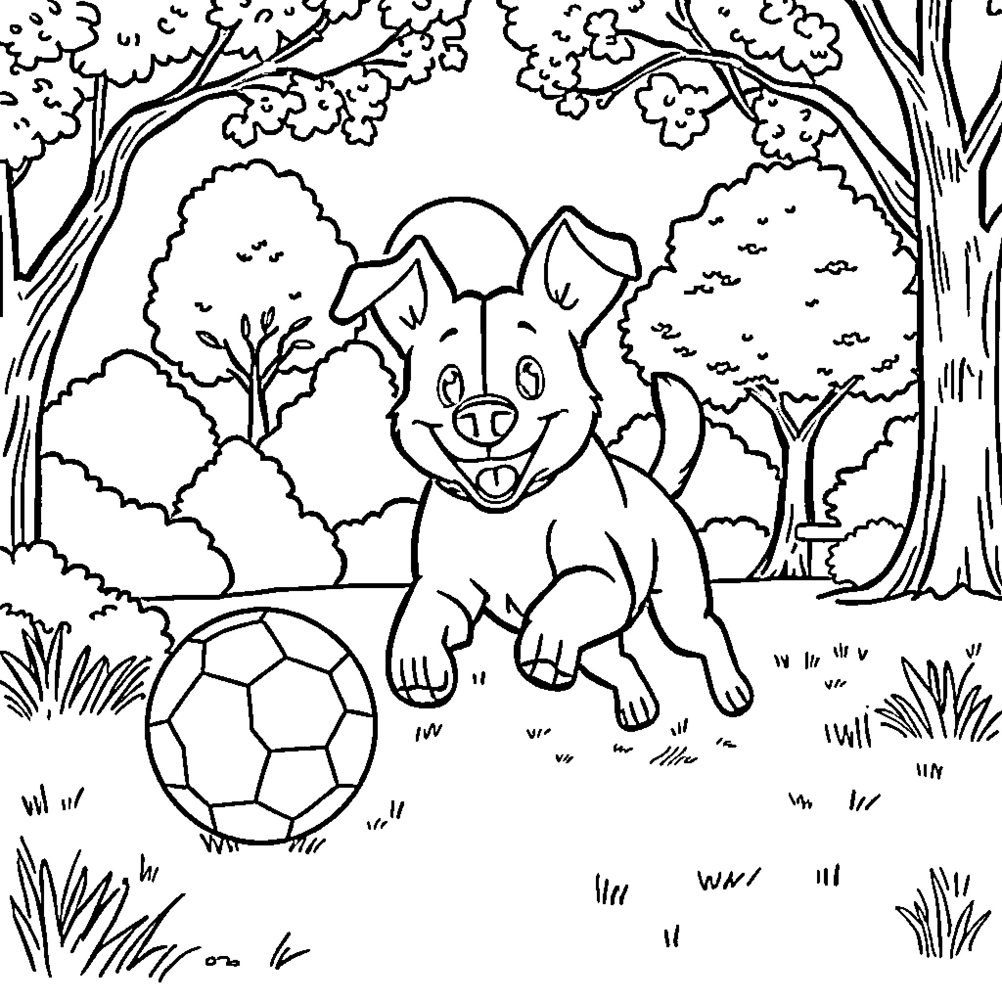 Dog playing with soccer ball in forest Coloring Page (free black-and-white line drawing printable PDF for all, from beginners to advanced learners, including children, teens, adults, and seniors)