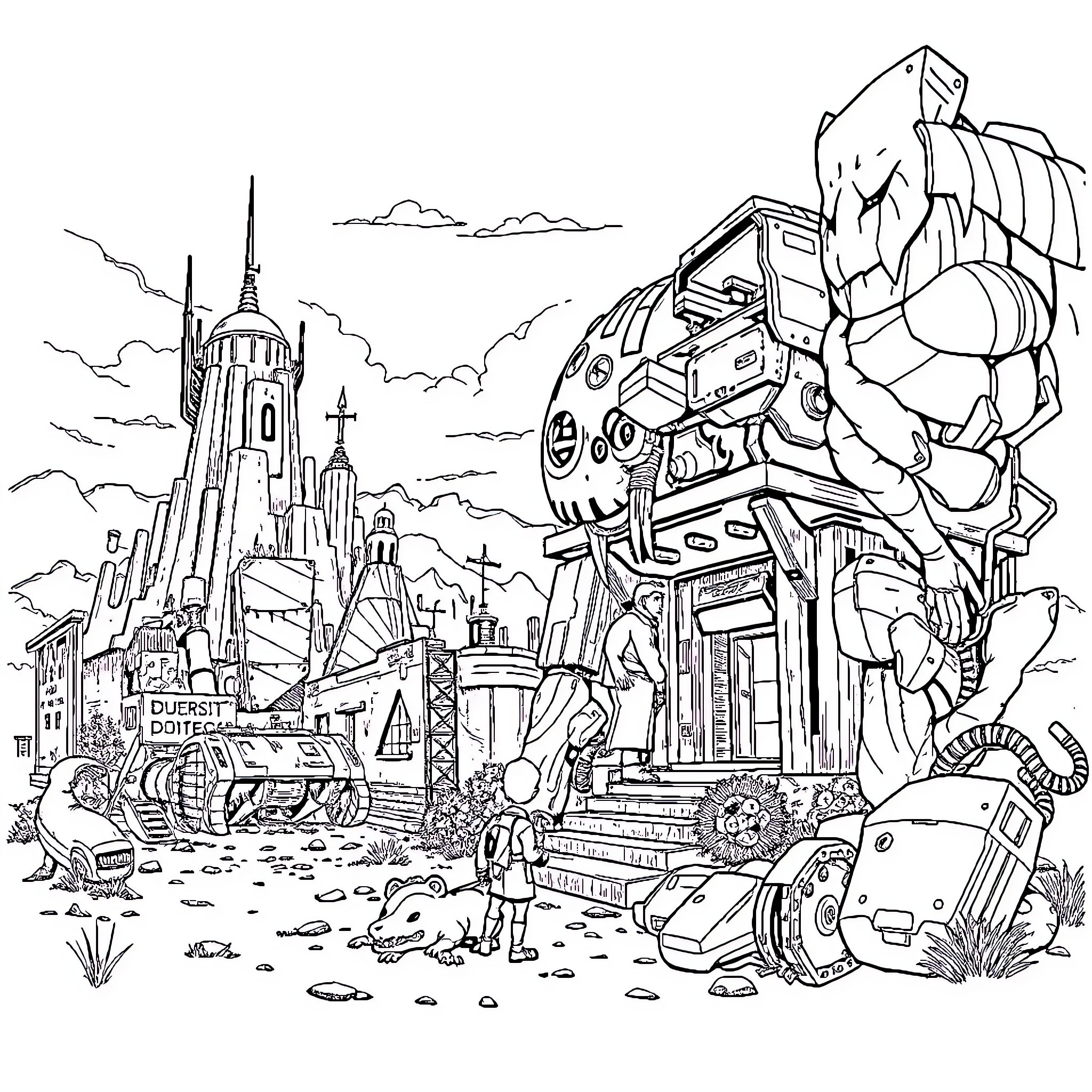 Fallout: Ruined City with Colossal Robot Coloring Page (free black-and-white line drawing printable PDF for all, from beginners to advanced learners, including children, teens, adults, and seniors)