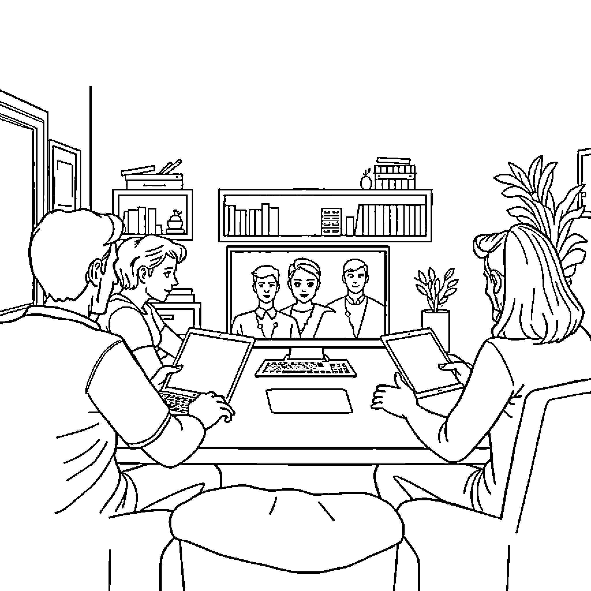 Person working together with colleagues in the office Coloring Page (free black-and-white line drawing printable PDF for all, from beginners to advanced learners, including children, teens, adults, and seniors)