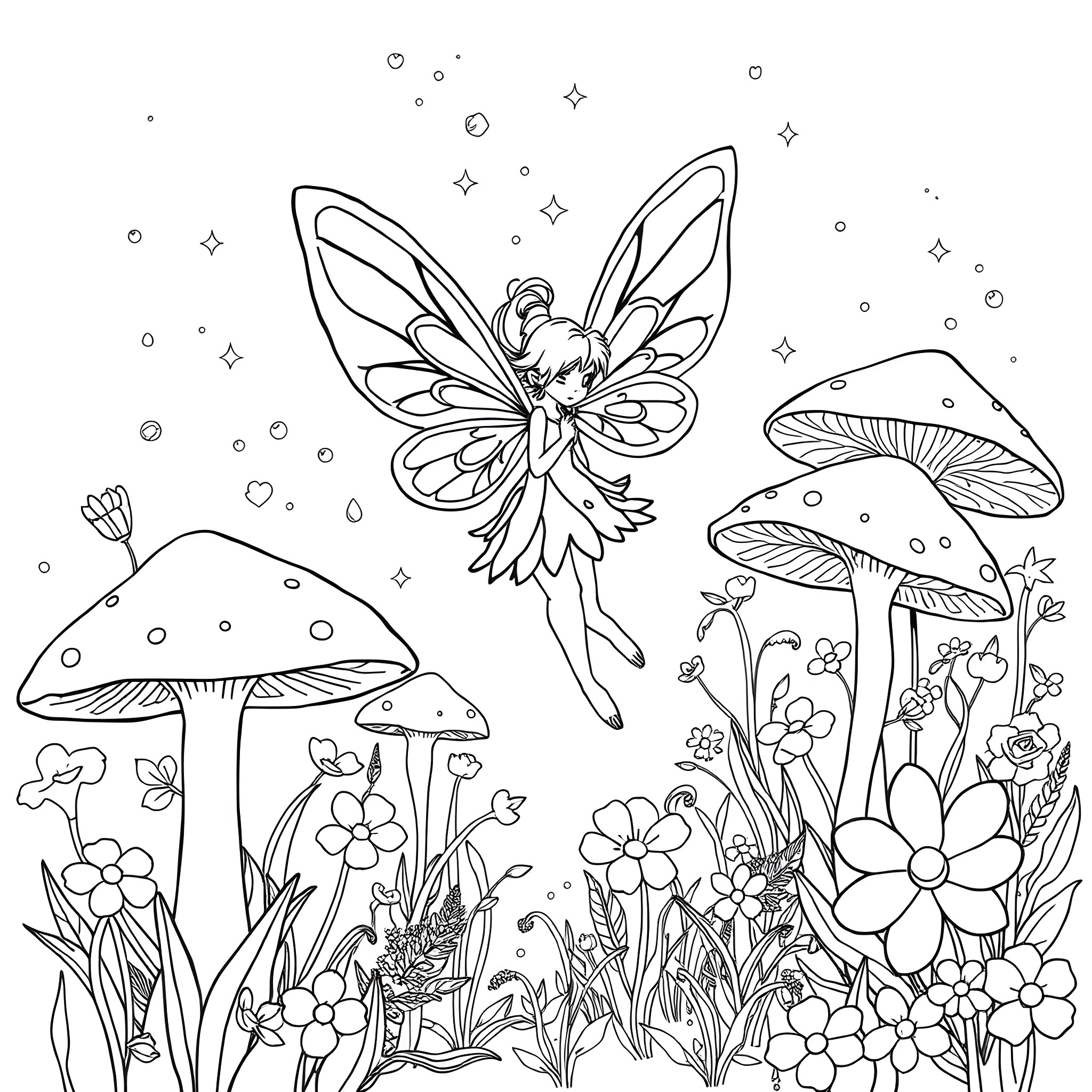Mushroom fairy among magical flowers and mushrooms Coloring Page (free black-and-white line drawing printable PDF for all, from beginners to advanced learners, including children, teens, adults, and seniors)