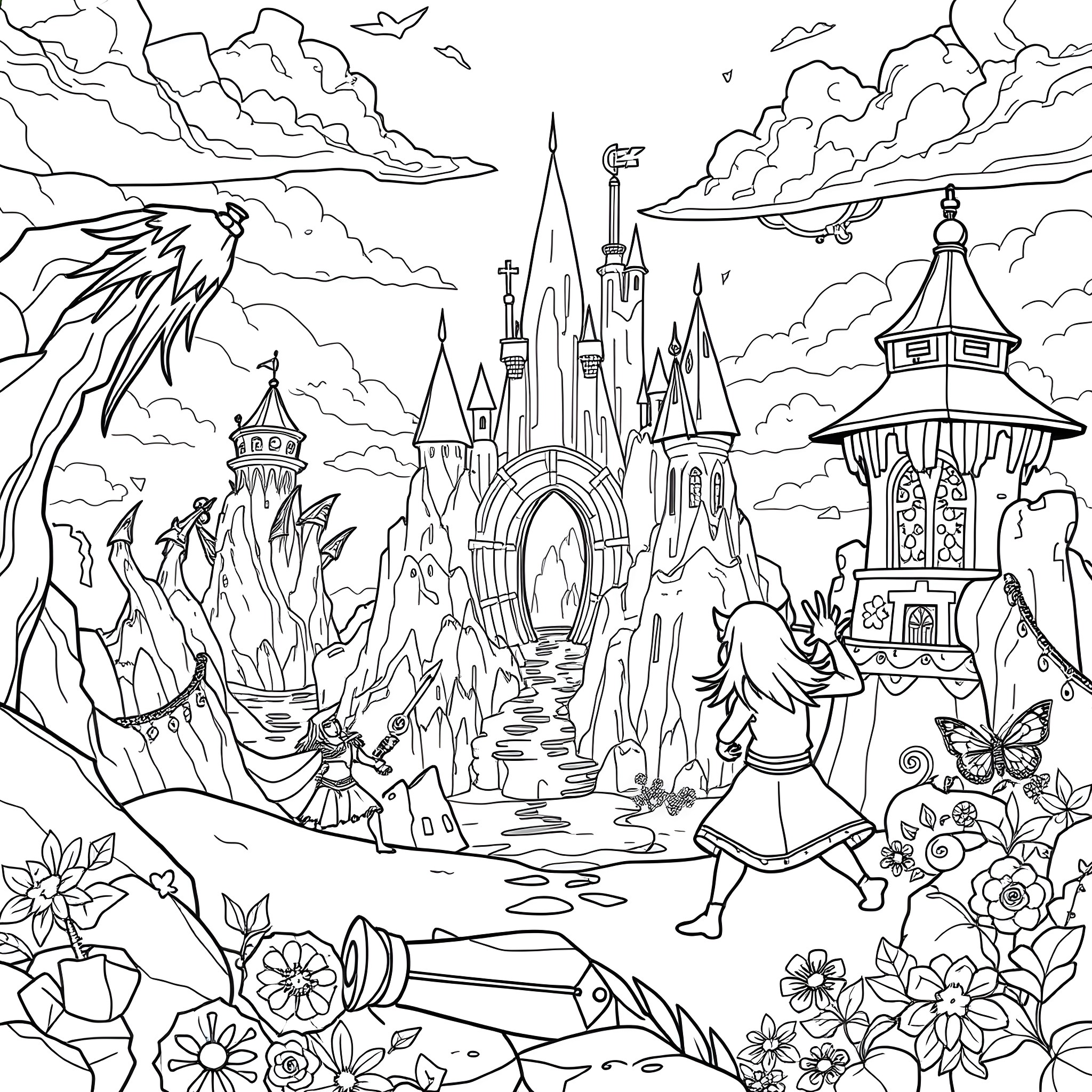 Kingdom Hearts: Fantastical Castle and Creatures Coloring Page (free black-and-white line drawing printable PDF for all, from beginners to advanced learners, including children, teens, adults, and seniors)