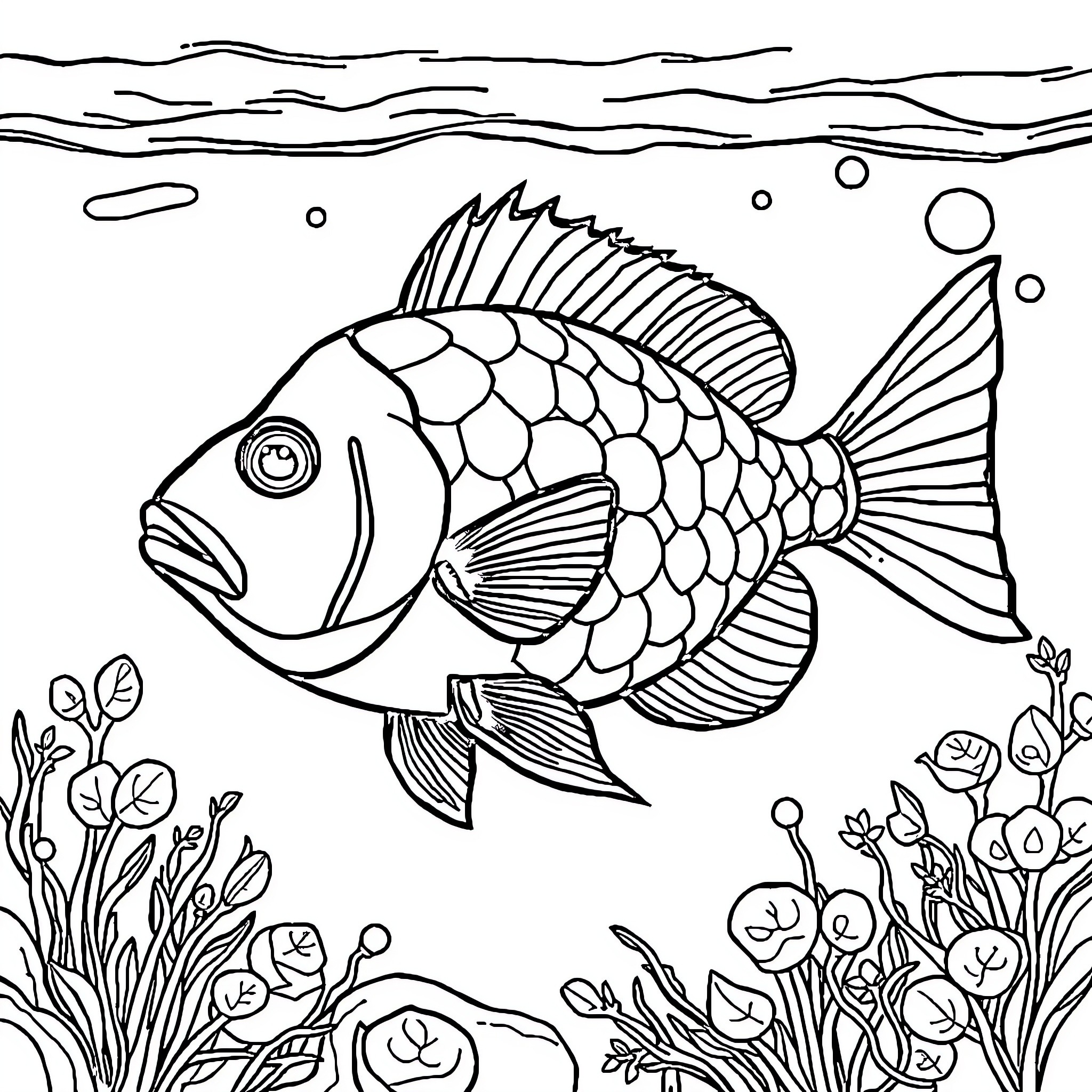 Fish swimming in an underwater garden Coloring Page (free black-and-white line drawing printable PDF for all, from beginners to advanced learners, including children, teens, adults, and seniors)