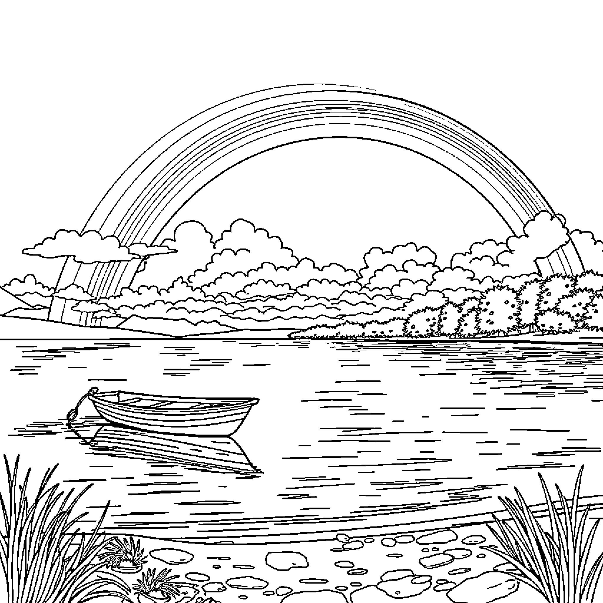 Boat in serene lake with rainbow and clouds Coloring Page (free black-and-white line drawing printable PDF for all, from beginners to advanced learners, including children, teens, adults, and seniors)