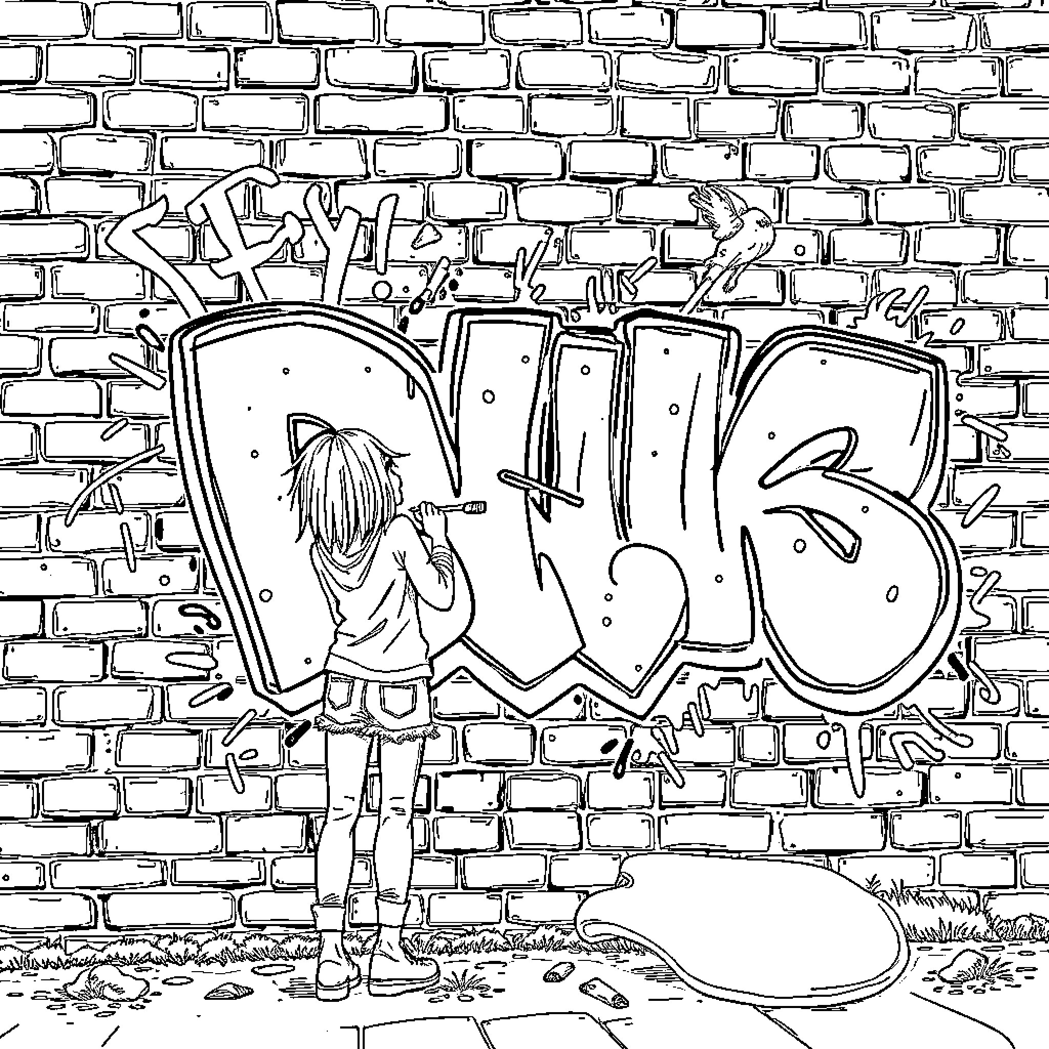 Girl sketching graffiti-covered wall Coloring Page (free black-and-white line drawing printable PDF for all, from beginners to advanced learners, including children, teens, adults, and seniors)