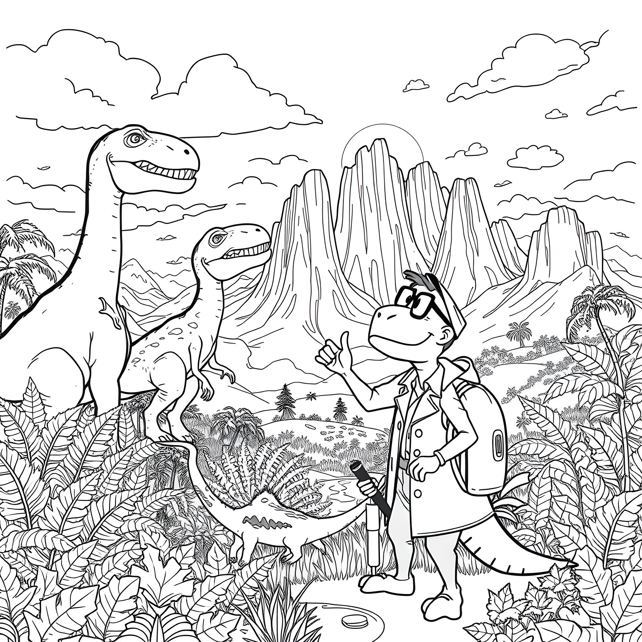 Dr. Binocs explores the prehistoric world with dinosaurs Coloring Page (free black-and-white line drawing printable PDF for all, from beginners to advanced learners, including children, teens, adults, and seniors)
