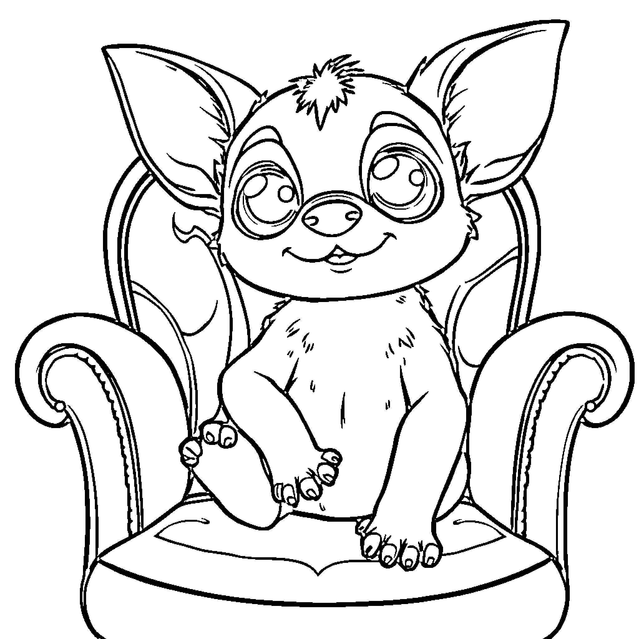 Gizmo the Funny-Looking Creature Sitting on Armchair Coloring Page (free black-and-white line drawing printable PDF for all, from beginners to advanced learners, including children, teens, adults, and seniors)