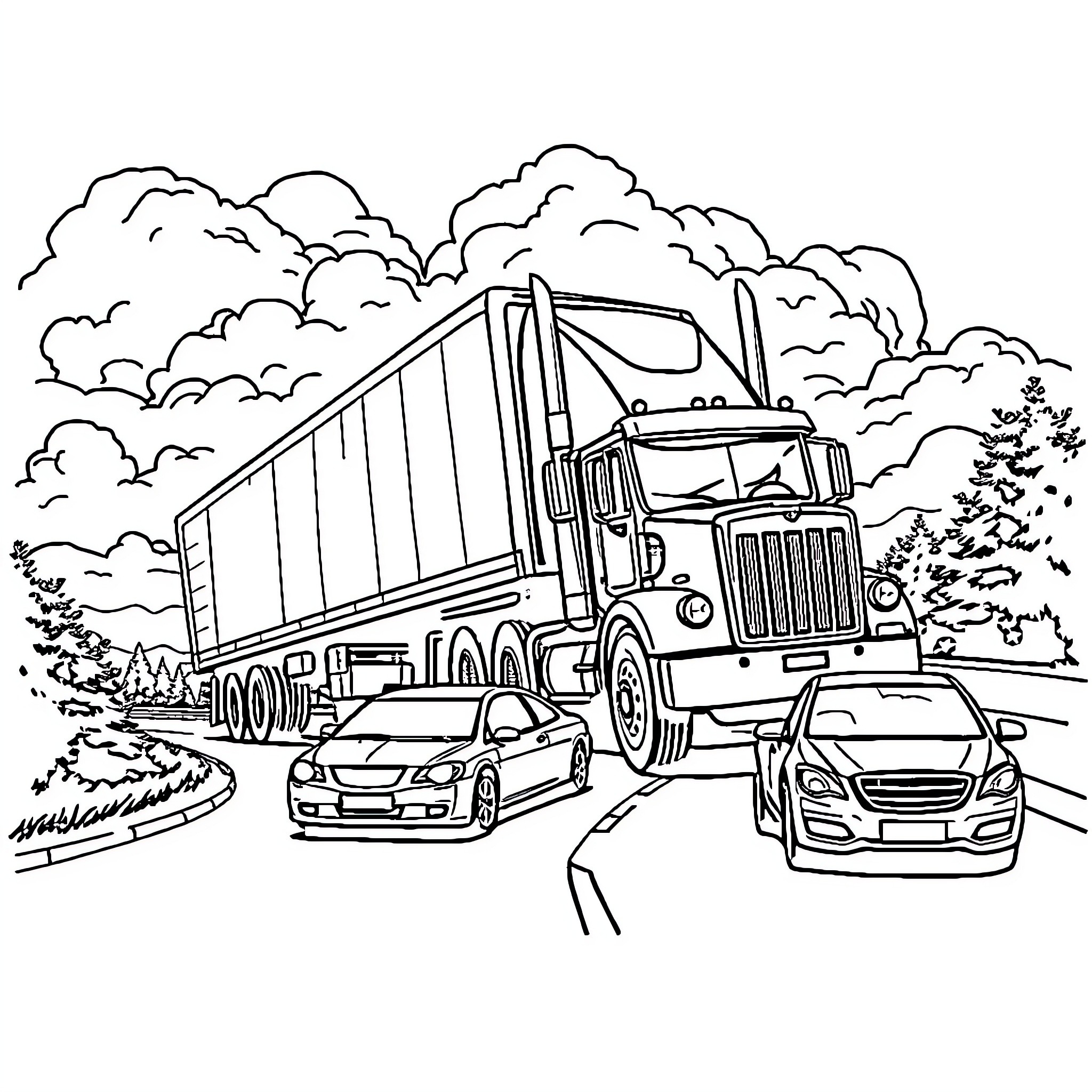 Monster Truck on Busy Highway with Cars Coloring Page (free black-and-white line drawing printable PDF for all, from beginners to advanced learners, including children, teens, adults, and seniors)