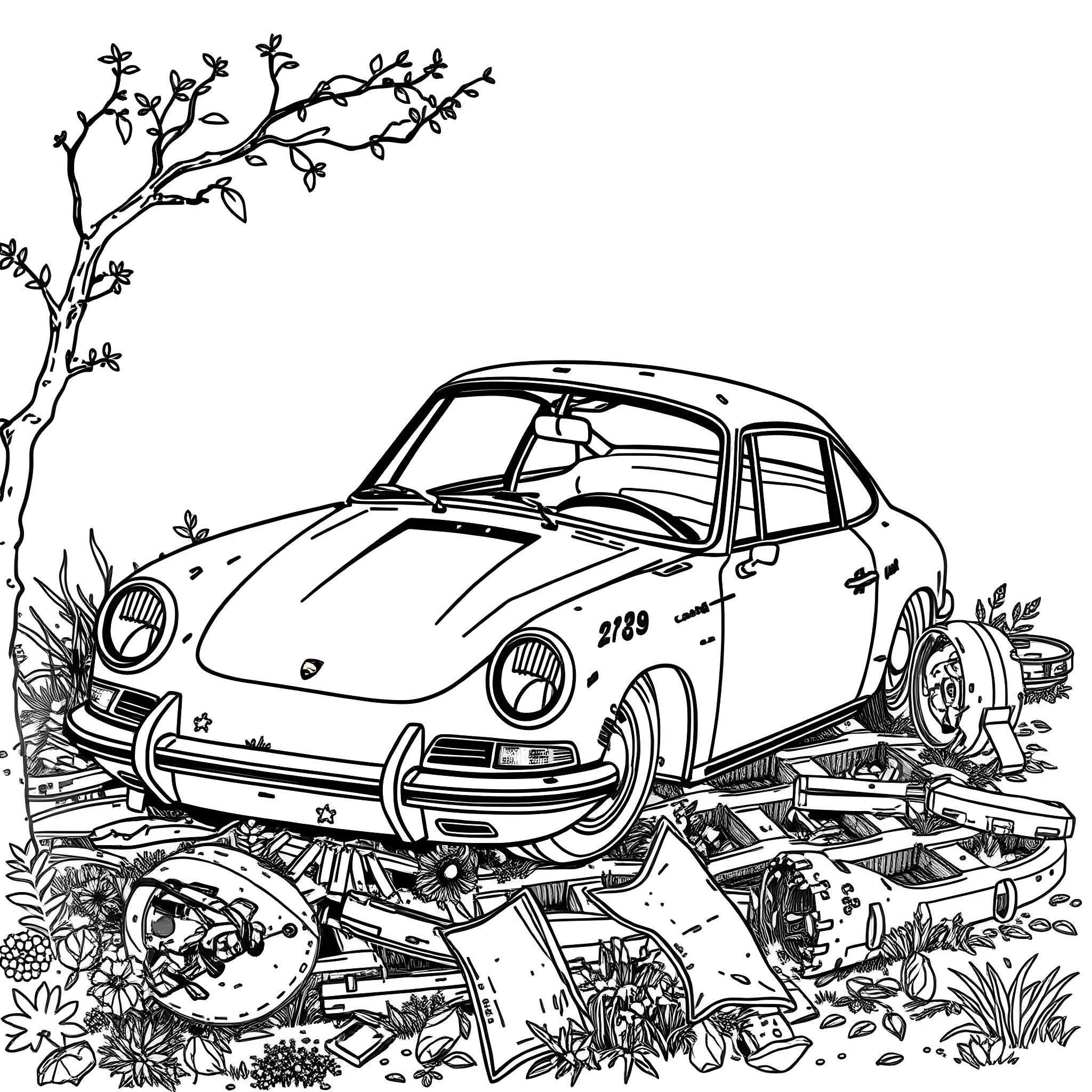 Porsche sports car in the wild nature Coloring Page (free black-and-white line drawing printable PDF for all, from beginners to advanced learners, including children, teens, adults, and seniors)