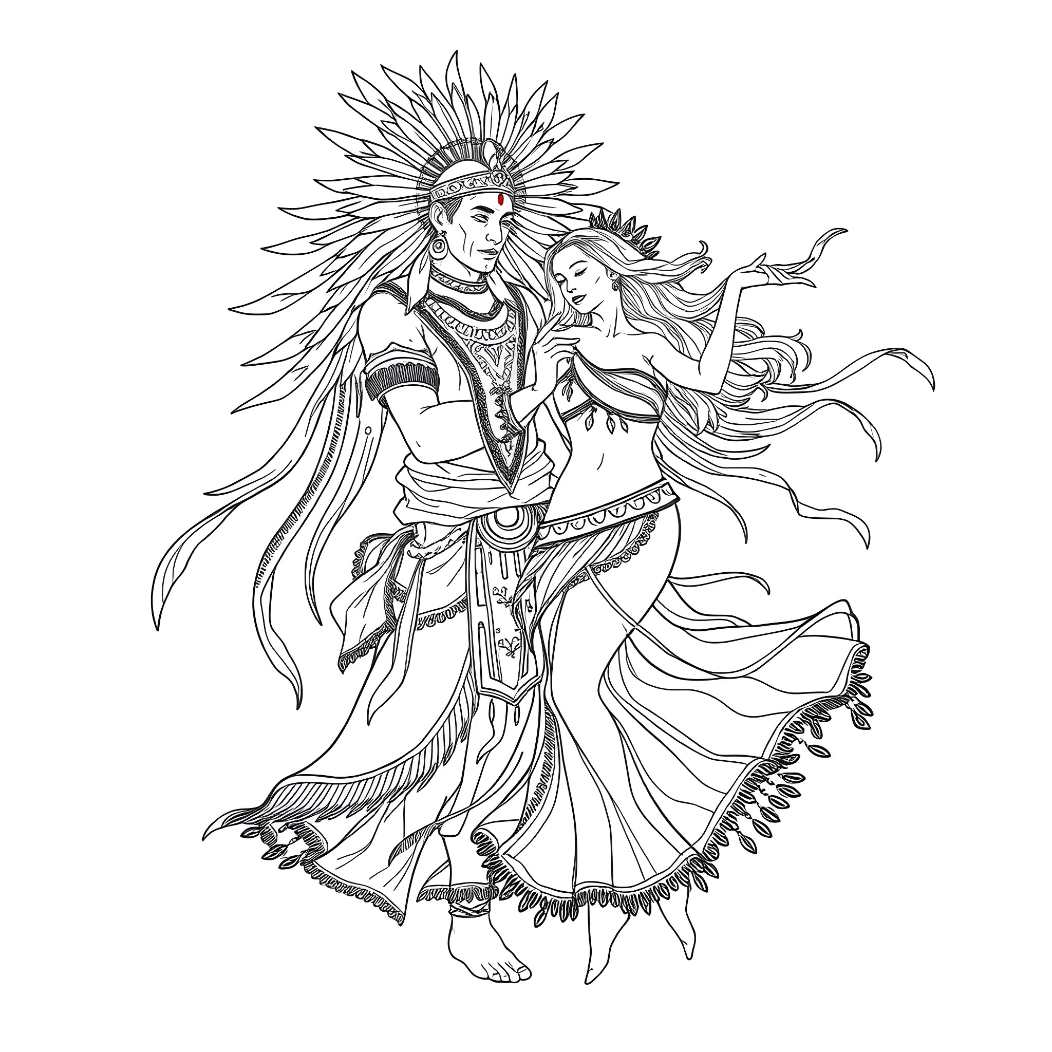 Spirit of the Tribal Dancers Coloring Page (free black-and-white line drawing printable PDF for all, from beginners to advanced learners, including children, teens, adults, and seniors)