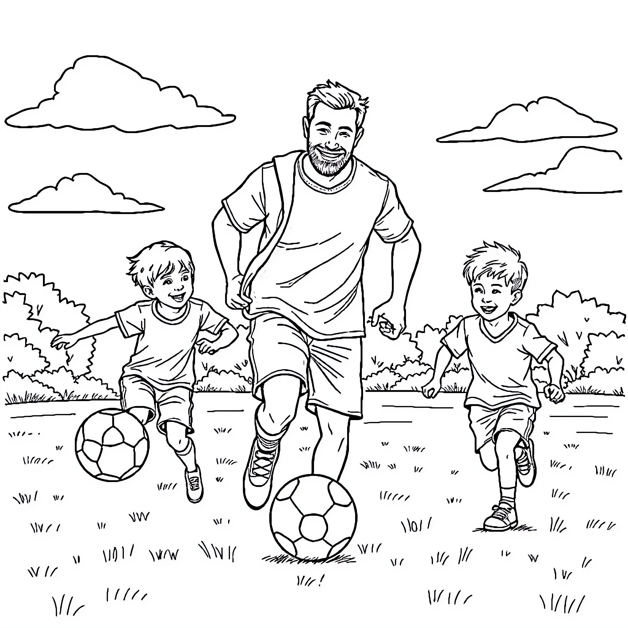 Dad spending quality time with sons playing soccer Coloring Page (free black-and-white line drawing printable PDF for all, from beginners to advanced learners, including children, teens, adults, and seniors)