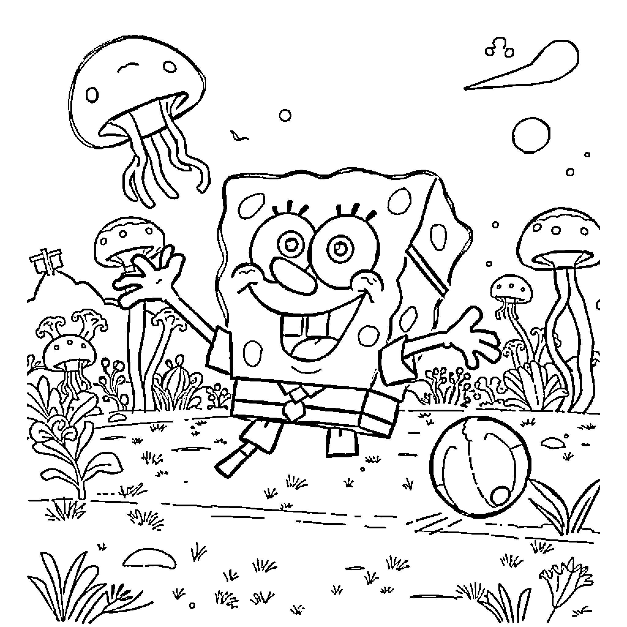 Spongebob's Underwater Adventure with Jellyfish Coloring Page (free black-and-white line drawing printable PDF for all, from beginners to advanced learners, including children, teens, adults, and seniors)
