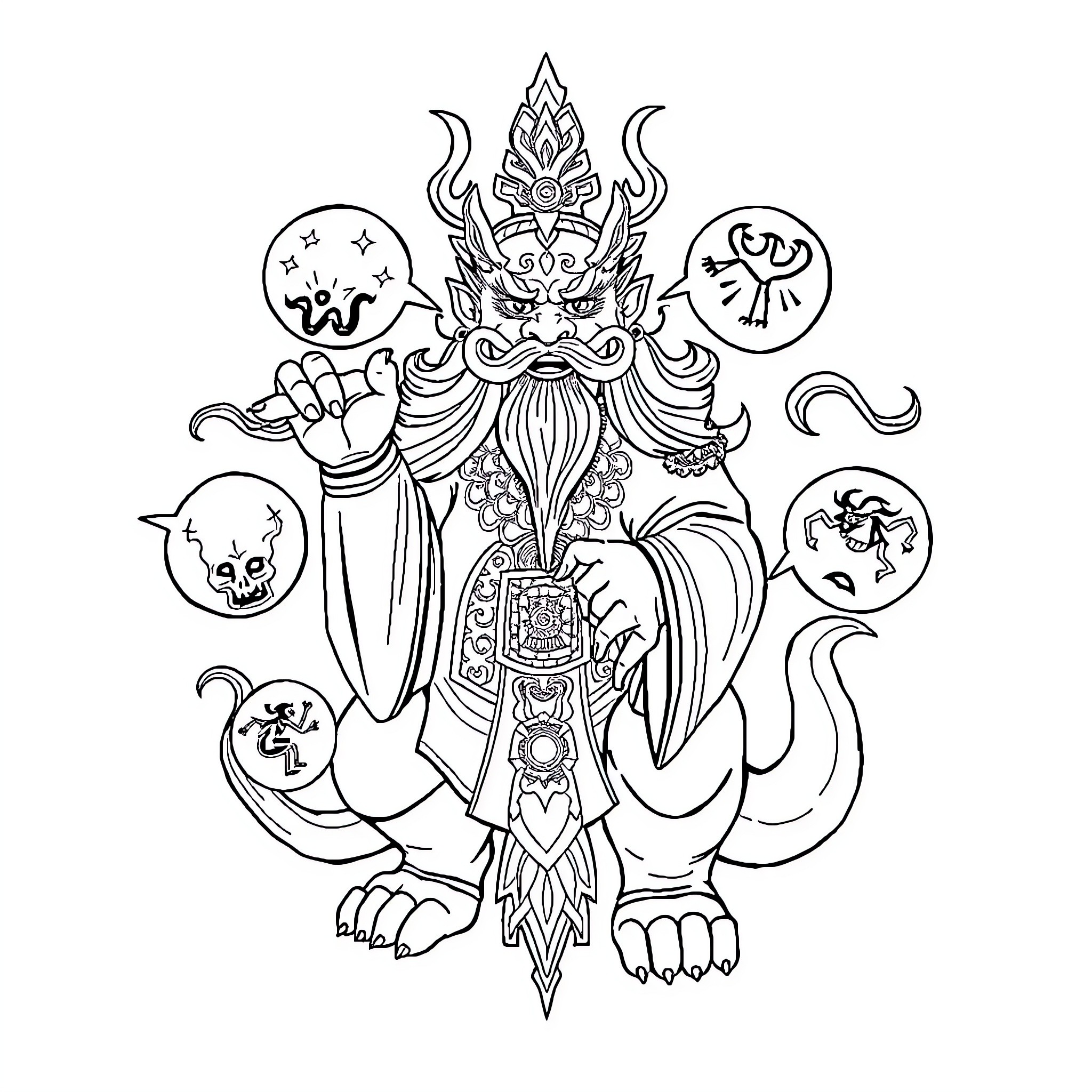 Sheng Long Mystical Deity with Symbolic Elements Coloring Page (free black-and-white line drawing printable PDF for all, from beginners to advanced learners, including children, teens, adults, and seniors)