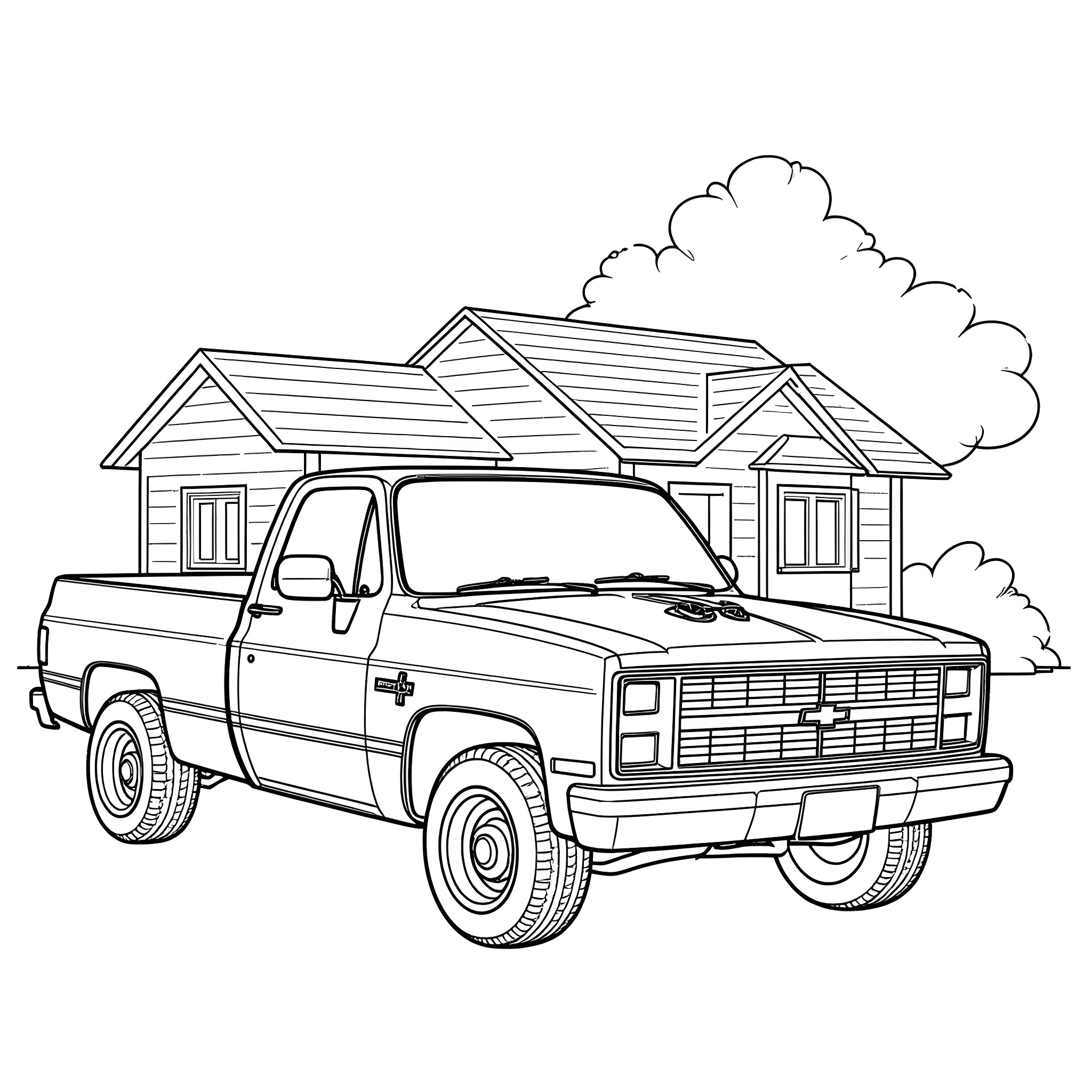 Chevrolet Silverado truck in front of a house Coloring Page (free black-and-white line drawing printable PDF for all, from beginners to advanced learners, including children, teens, adults, and seniors)
