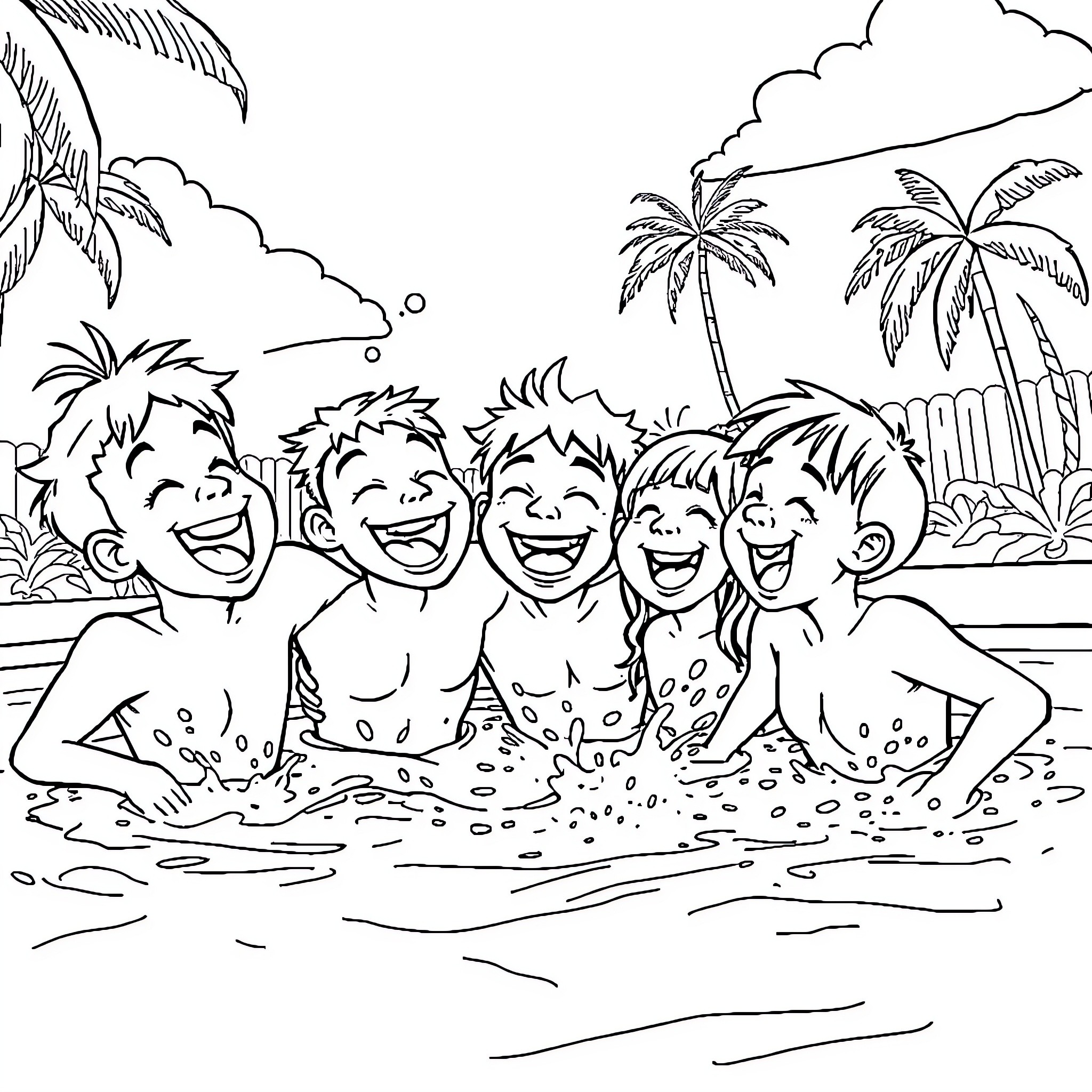Bigbang group enjoying a sunny day at the beach Coloring Page (free black-and-white line drawing printable PDF for all, from beginners to advanced learners, including children, teens, adults, and seniors)