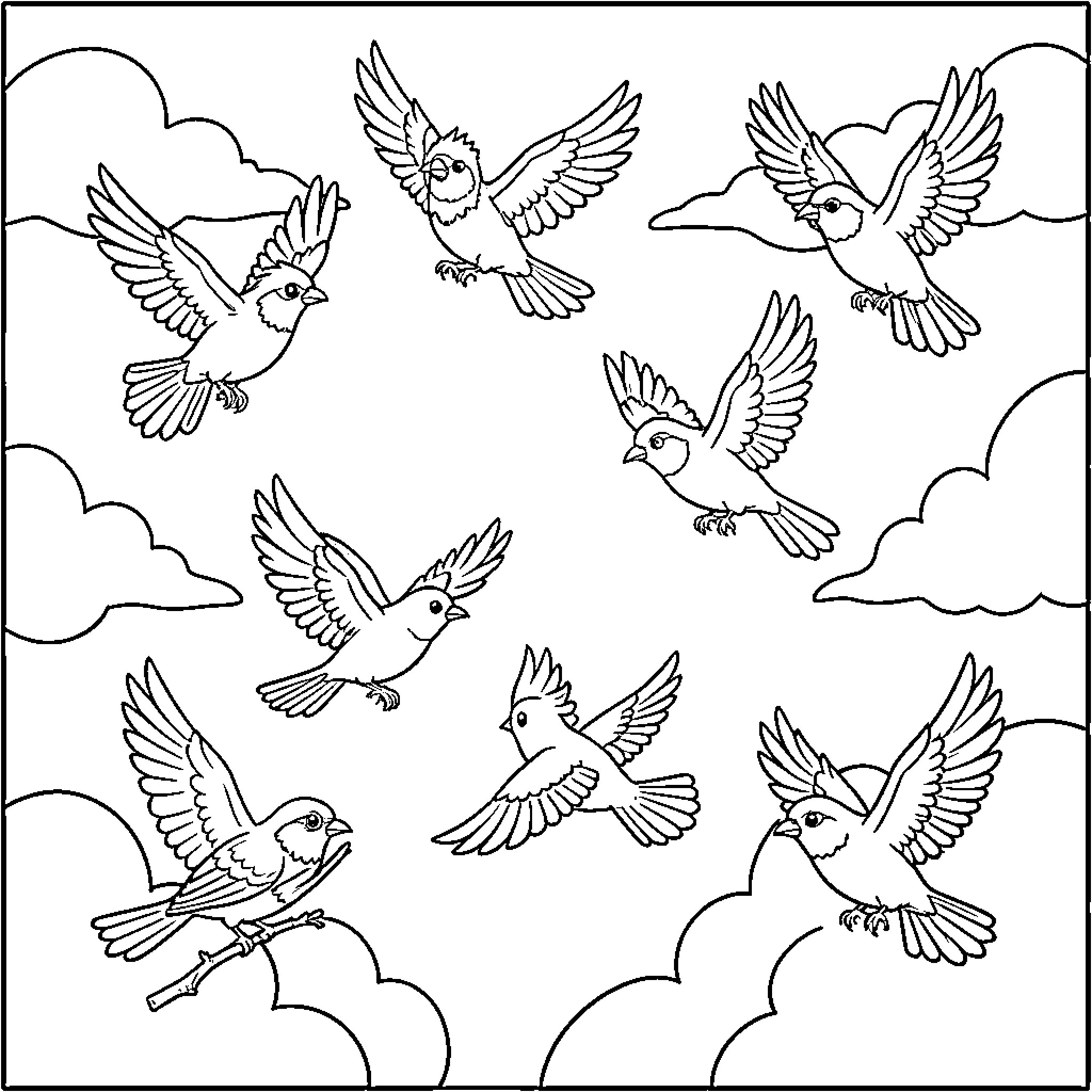 Bird flying joyfully among clouds Coloring Page (free black-and-white line drawing printable PDF for all, from beginners to advanced learners, including children, teens, adults, and seniors)