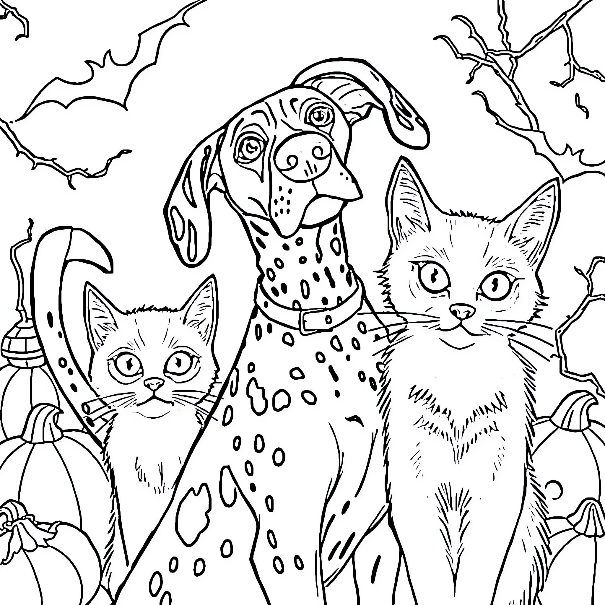 German Shorthaired Pointer and Cats in Autumn Scene Coloring Page (free black-and-white line drawing printable PDF for all, from beginners to advanced learners, including children, teens, adults, and seniors)